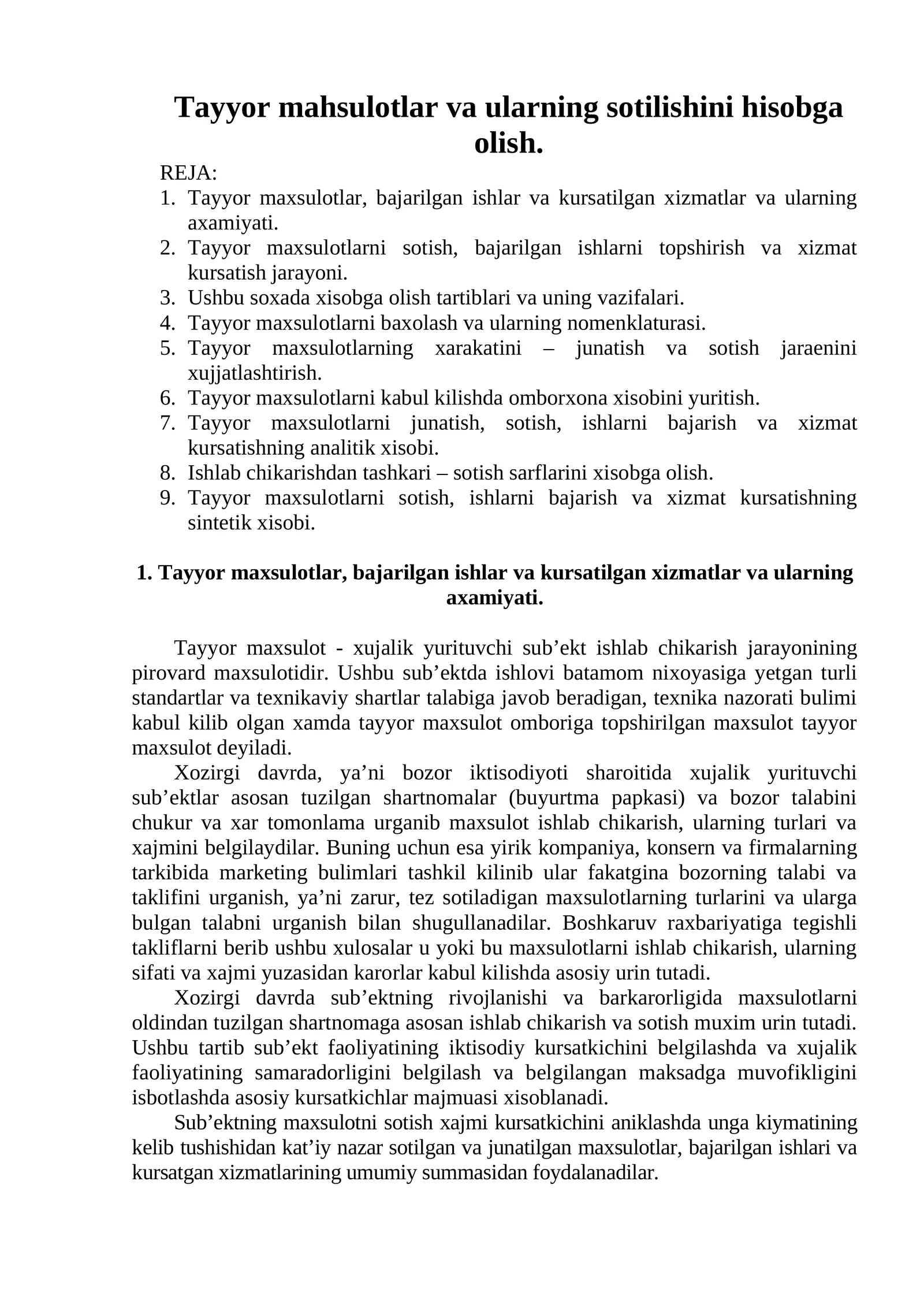 Tayyor mahsulotlar va ularning sotilishini hisobga olish