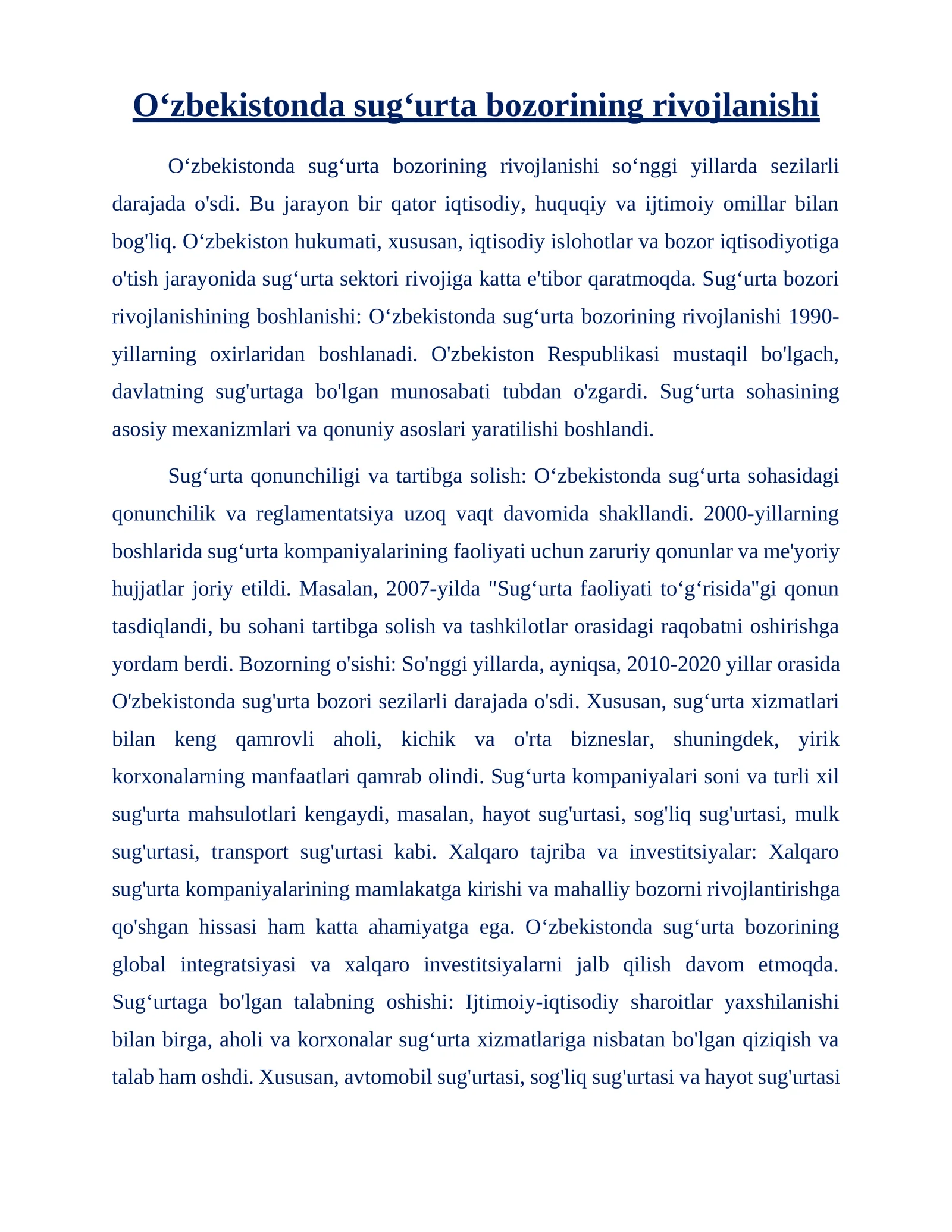 Sugʻurta bozorining rivojlanishi