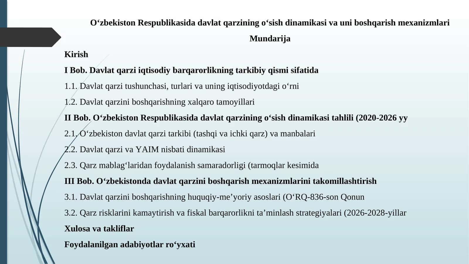 O'zbekiston Respublikasi Davlat qarzining o'sish dinamikasi va uniboshqarish mexanizmlari