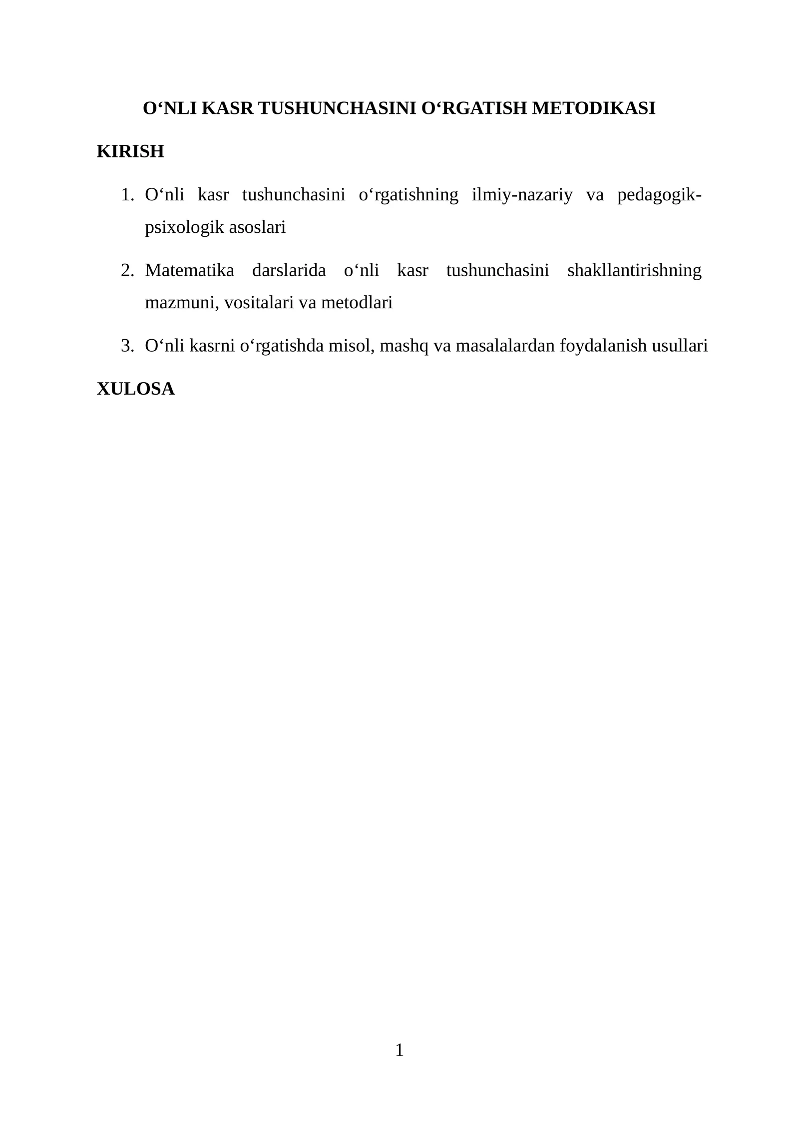 O‘NLI KASR TUSHUNCHASINI O‘RGATISH METODIKASI
