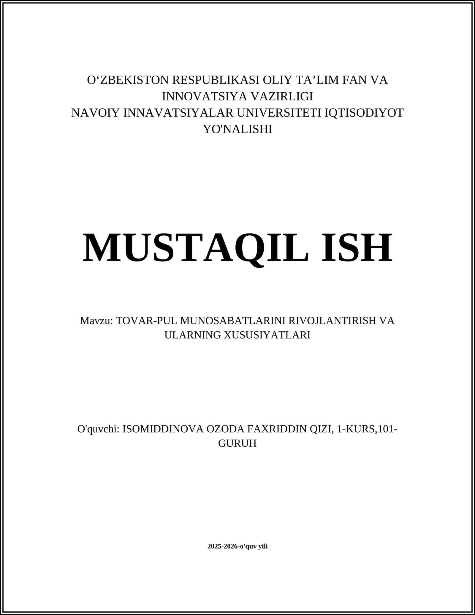 TOVAR-PUL MUNOSABATLARINI RIVOJLANTIRISH VA ULARNING XUSUSIYATLARI
