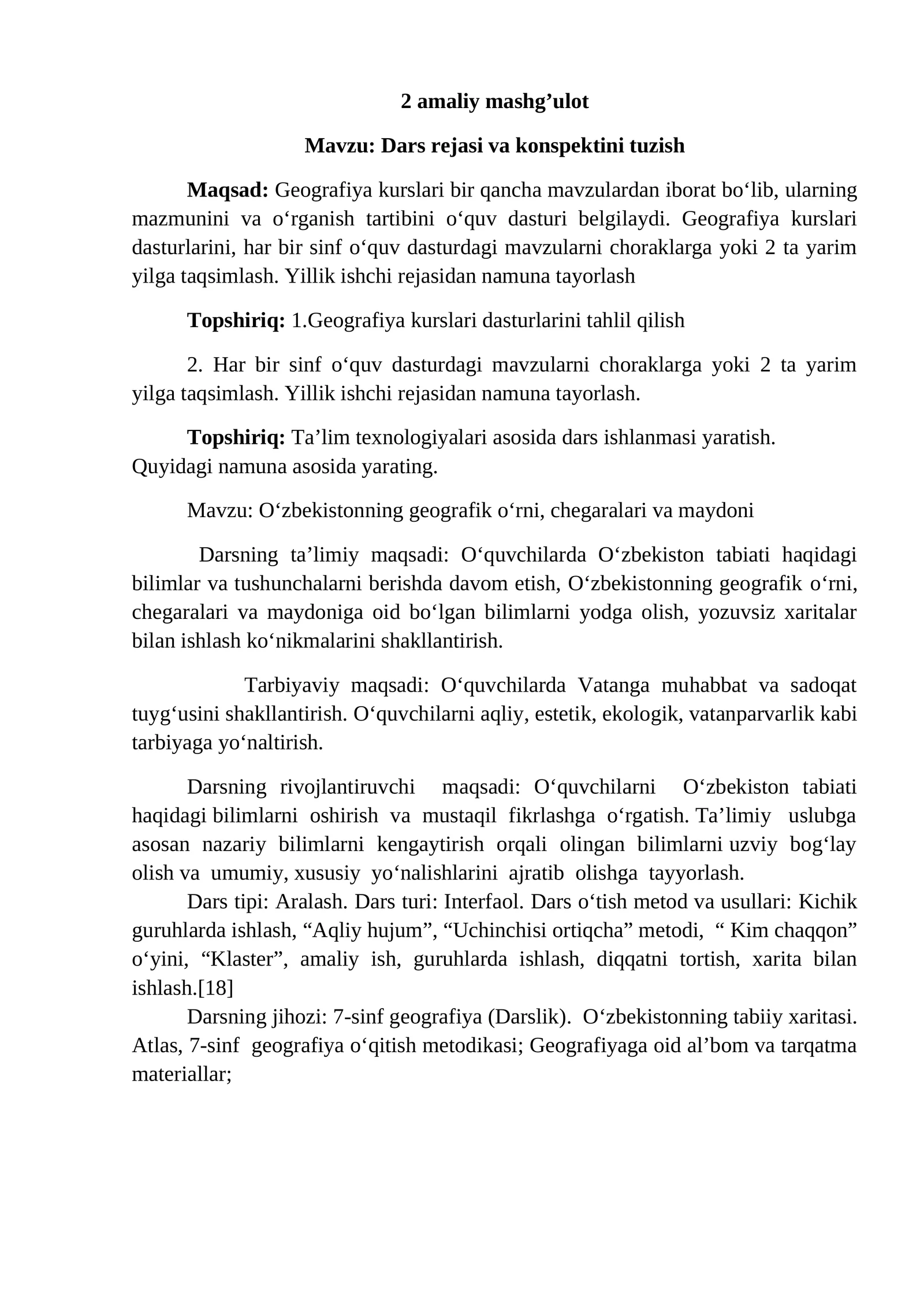 Dars rejasi va konspektini tuzish