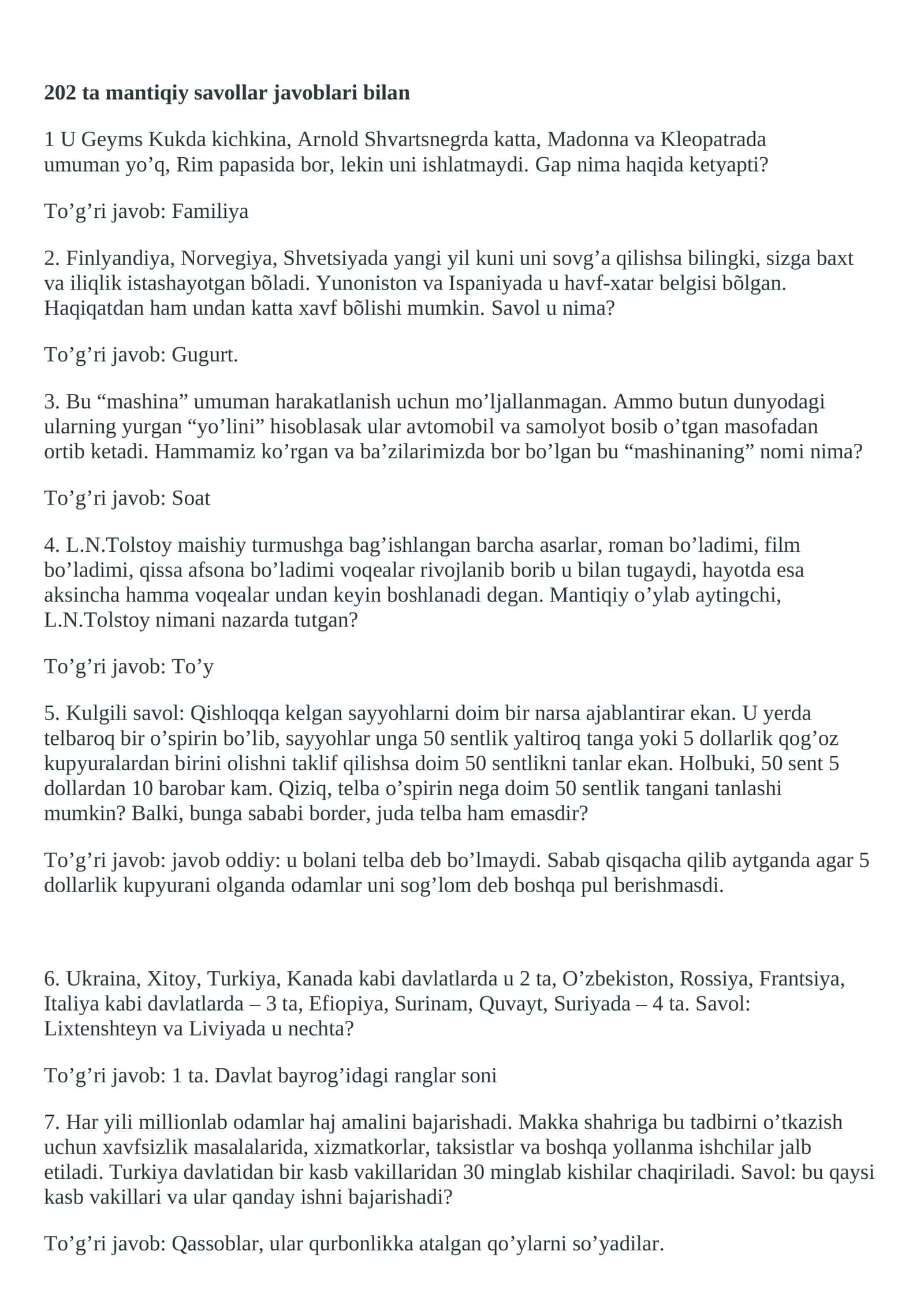 202 ta mantiqiy savollar javoblari bilan