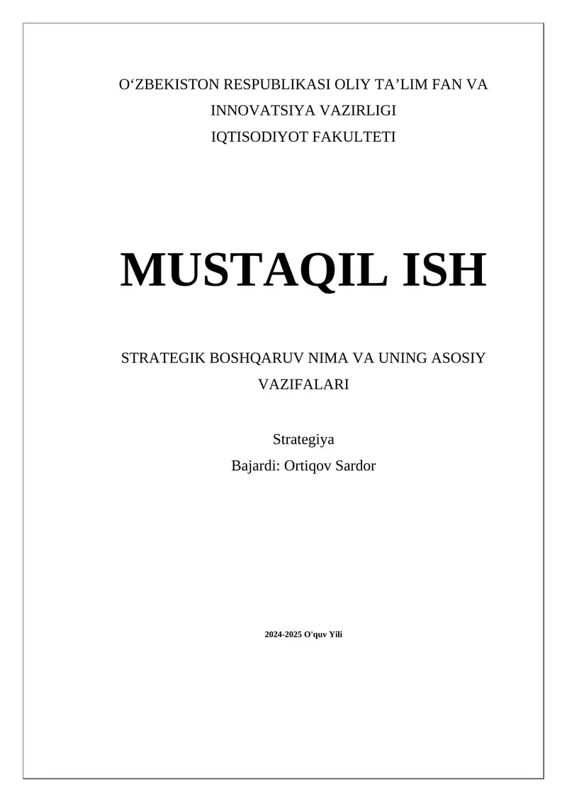 STRATEGIK BOSHQARUV NIMA VA UNING ASOSIY VAZIFALARI