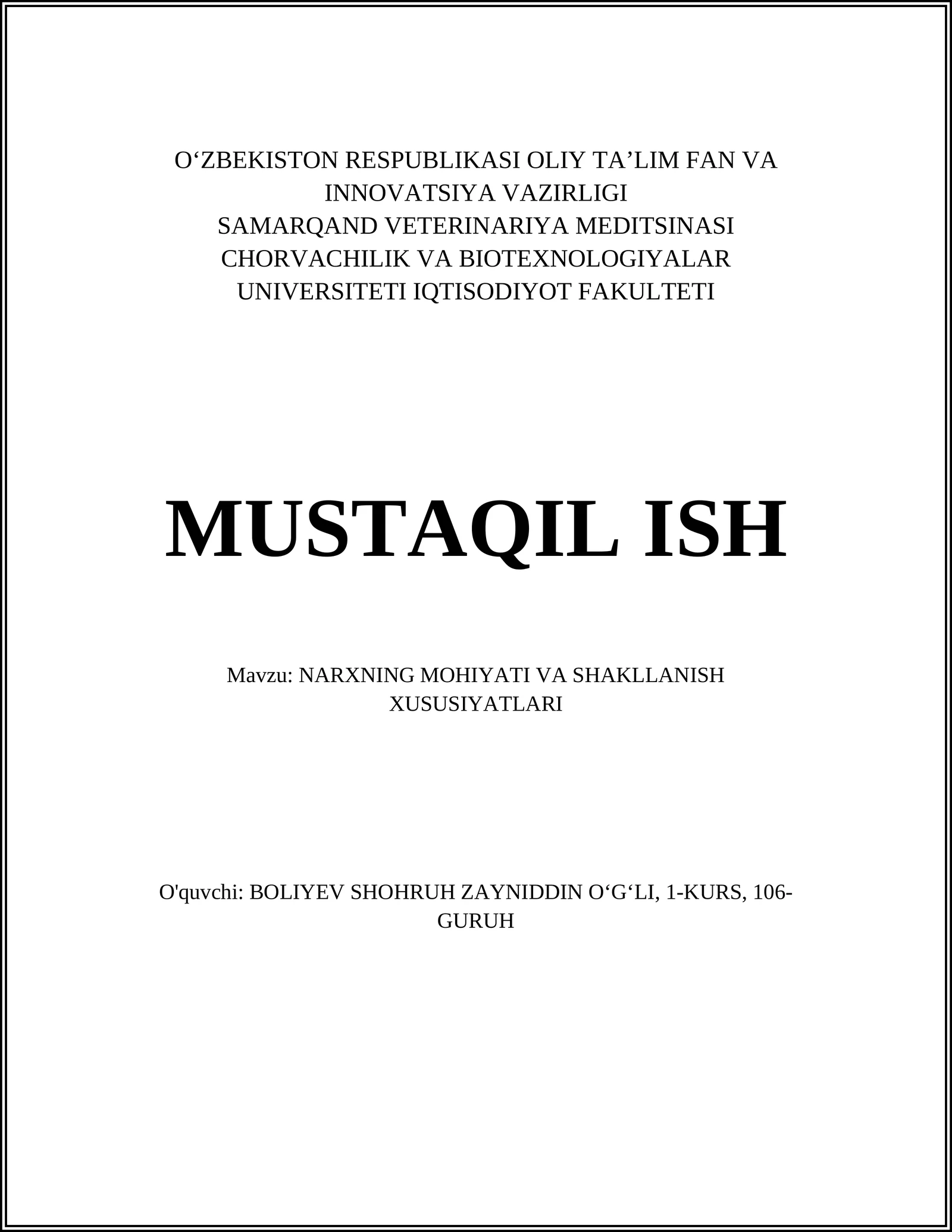NARXNING MOHIYATI VA SHAKLLANISH XUSUSIYATLARI