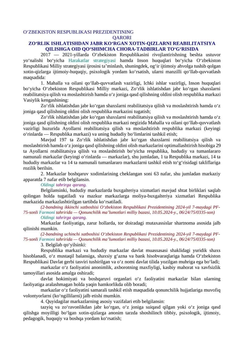 ZO‘RLIK ISHLATISHDAN JABR KO‘RGAN XOTIN-QIZLARNI REABILITATSIYA QILISHGA OID QO‘SHIMCHA CHORA-TADBIRLAR TO‘G‘RISIDA