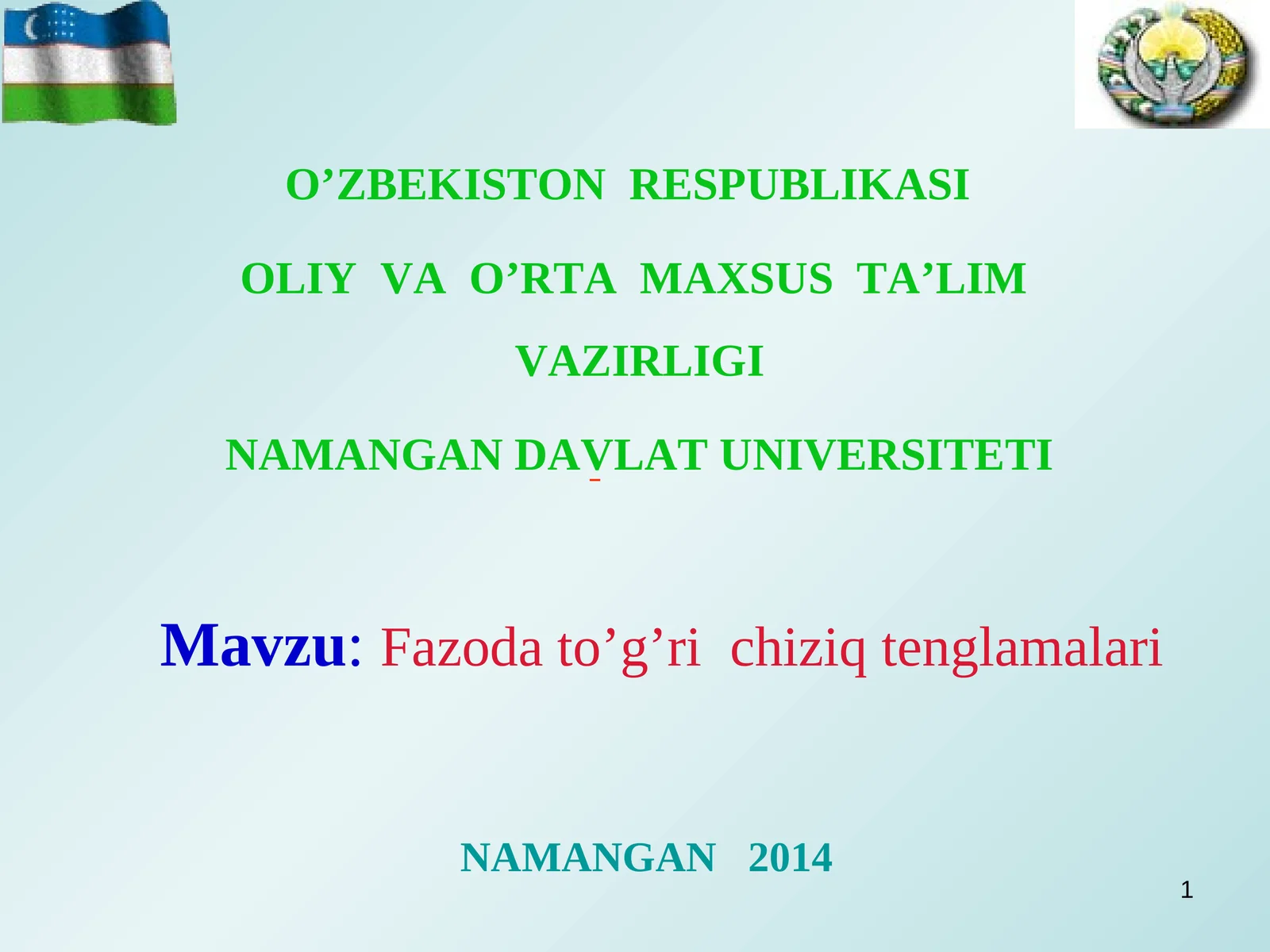 Fazoda to’g’ri chiziq tenglamalari