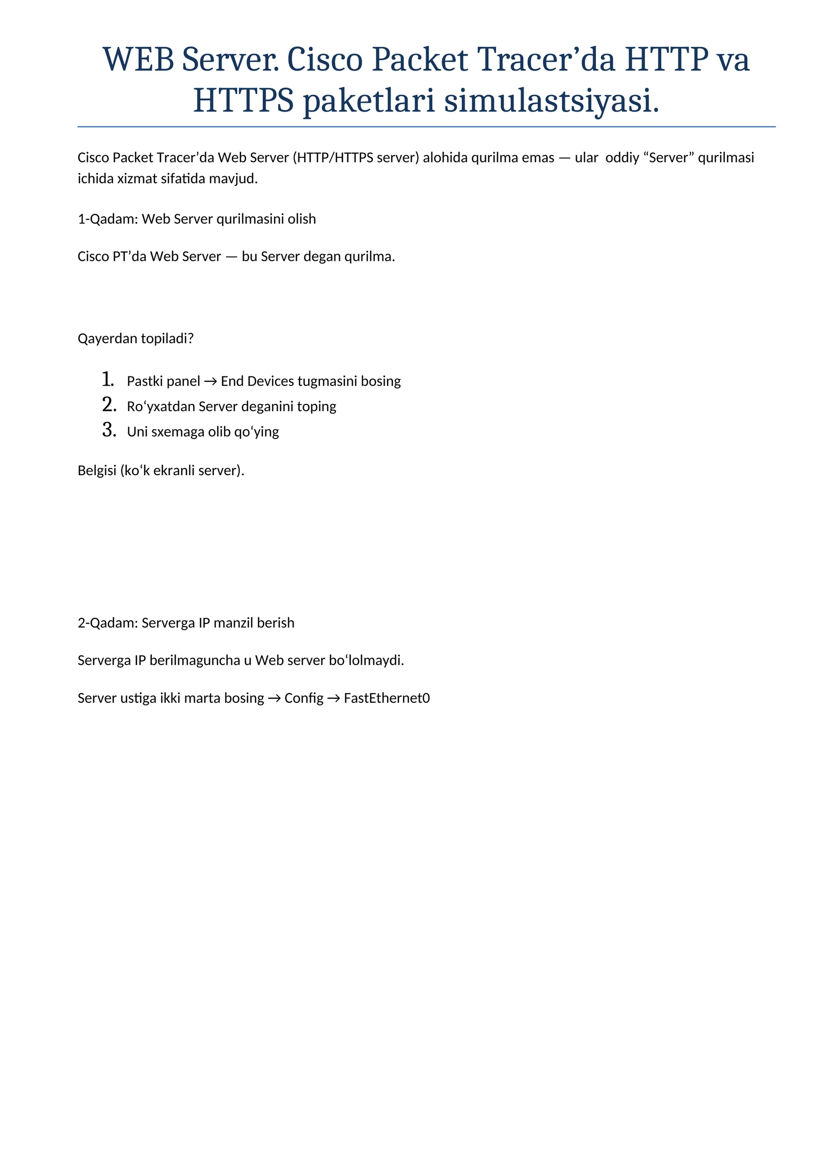 WEB Server. Cisco Packet Tracer’da HTTP va HTTPS paketlari simulastsiyasi