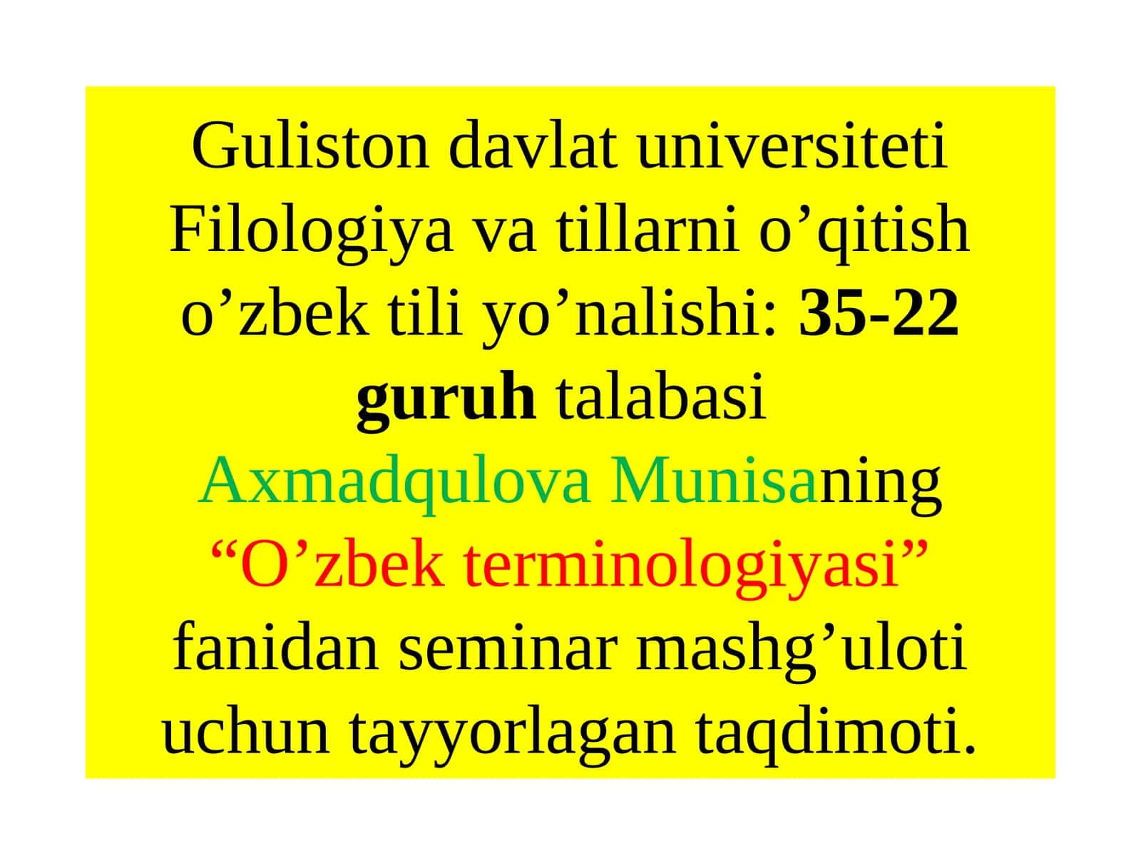 “O’zbekterminologiyasi” fanidan seminar mashg’uloti
