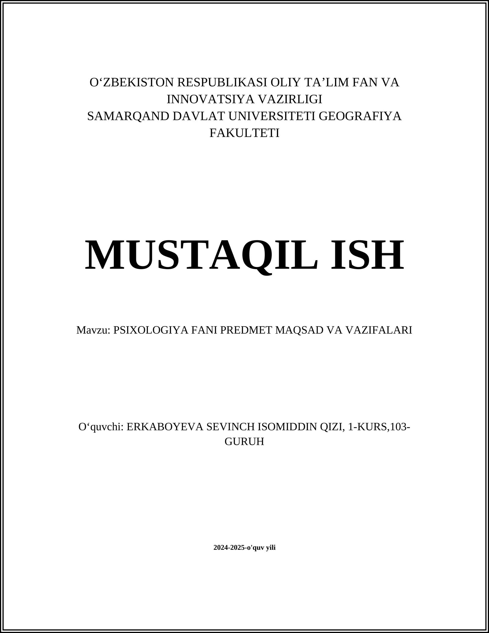 PSIXOLOGIYA FANI PREDMET MAQSAD VA VAZIFALARI