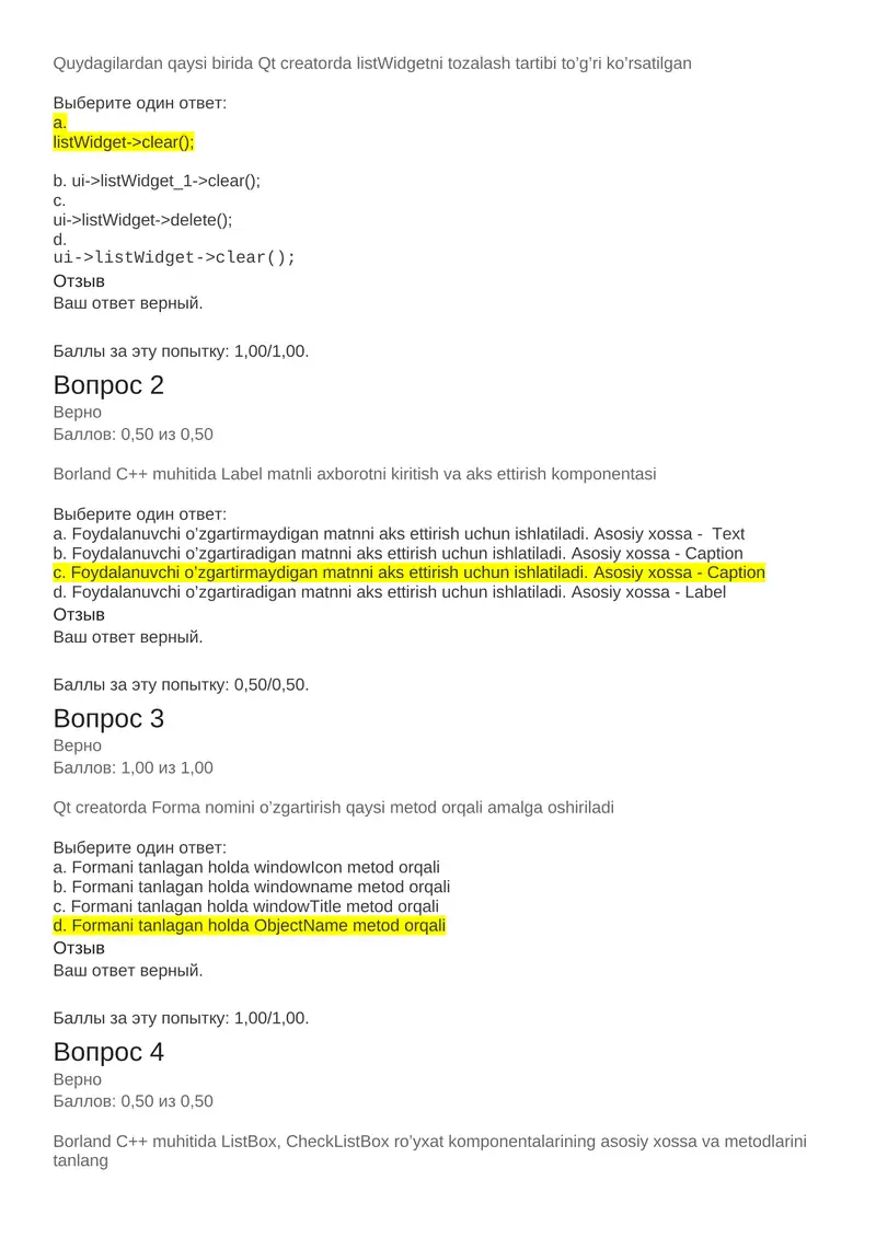 Qt creatorda listWidgetni tozalash tartibi va Borland C++ muhiti
