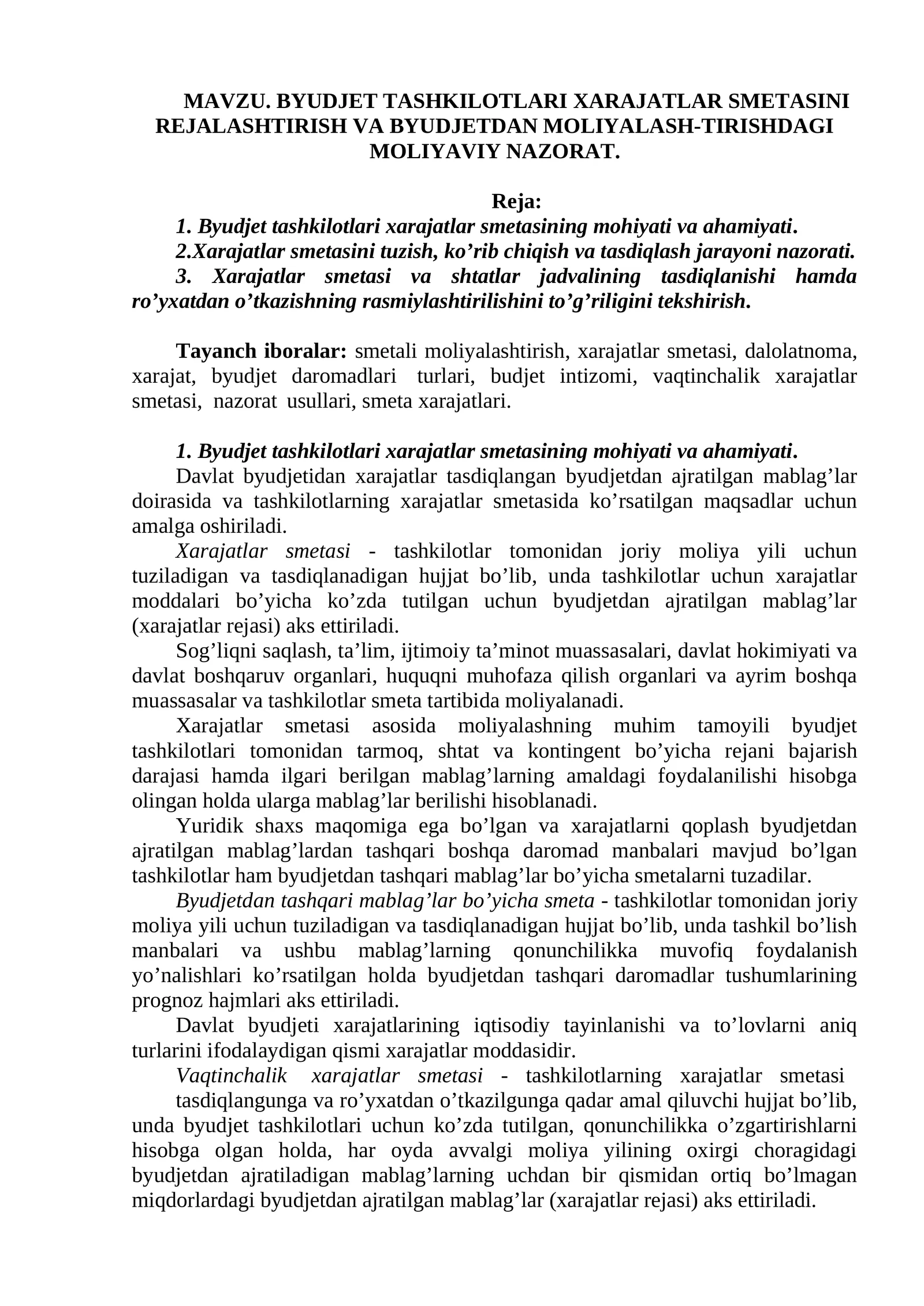 BYUDJET TASHKILOTLARI XARAJATLAR SMETASINI REJALASHTIRISH VA BYUDJETDAN MOLIYALASH-TIRISHDAGI MOLIYAVIY NAZORAT