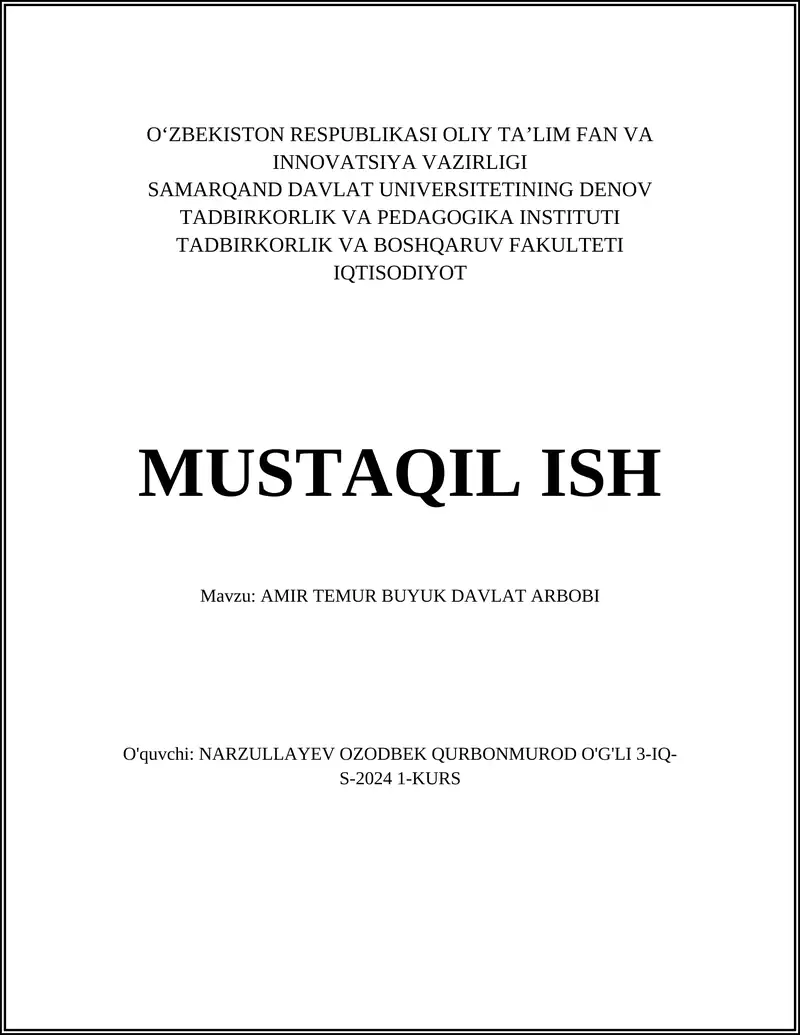 AMIR TEMUR BUYUK DAVLAT ARBOBI