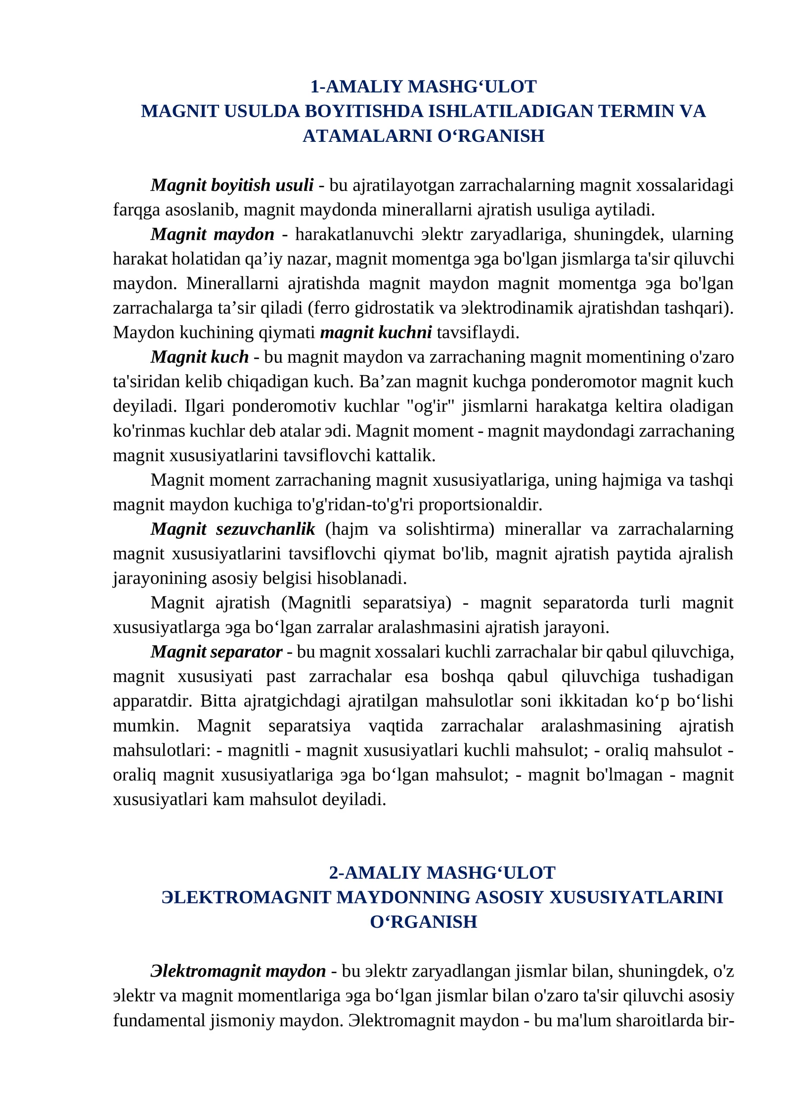 Magnit usulda bo'yitishda ishlatiladigan termin va atamalarni o‘rganish