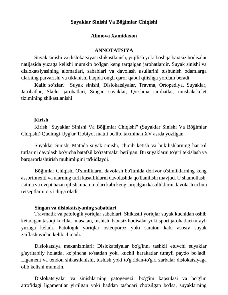 Suyaklar Sinishi Va Bõĝimlar Chiqishi