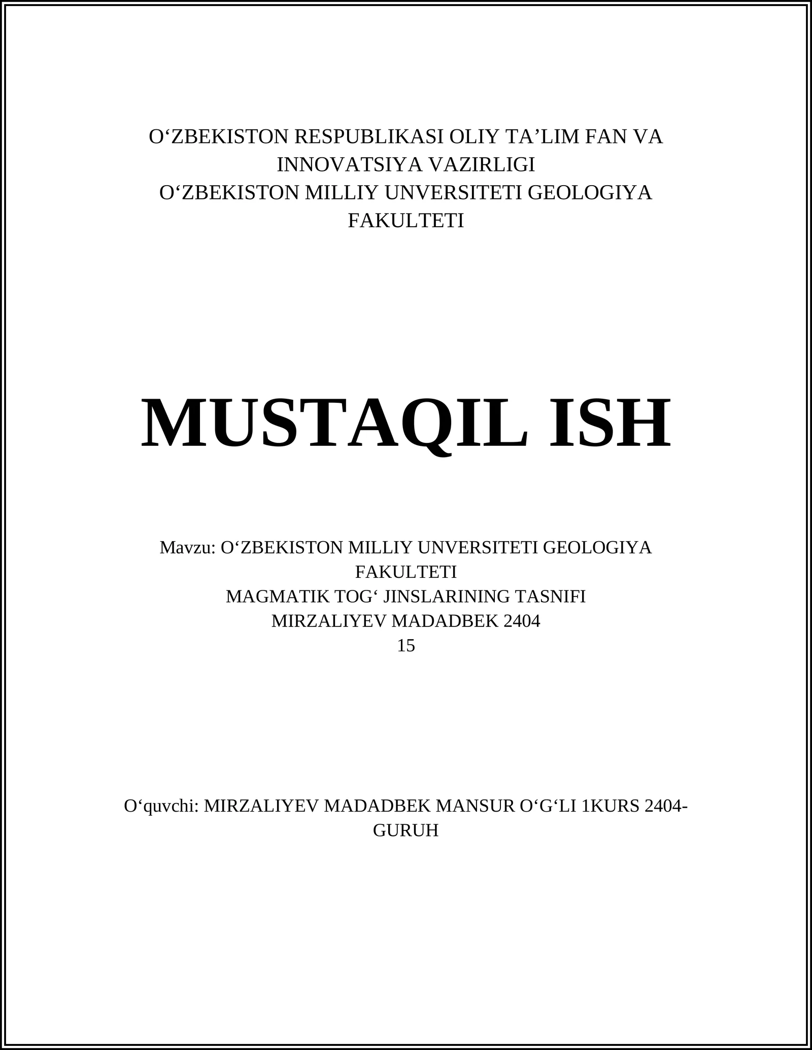 MAGMATIK TOGʻ JINSLARINING TASNIFI