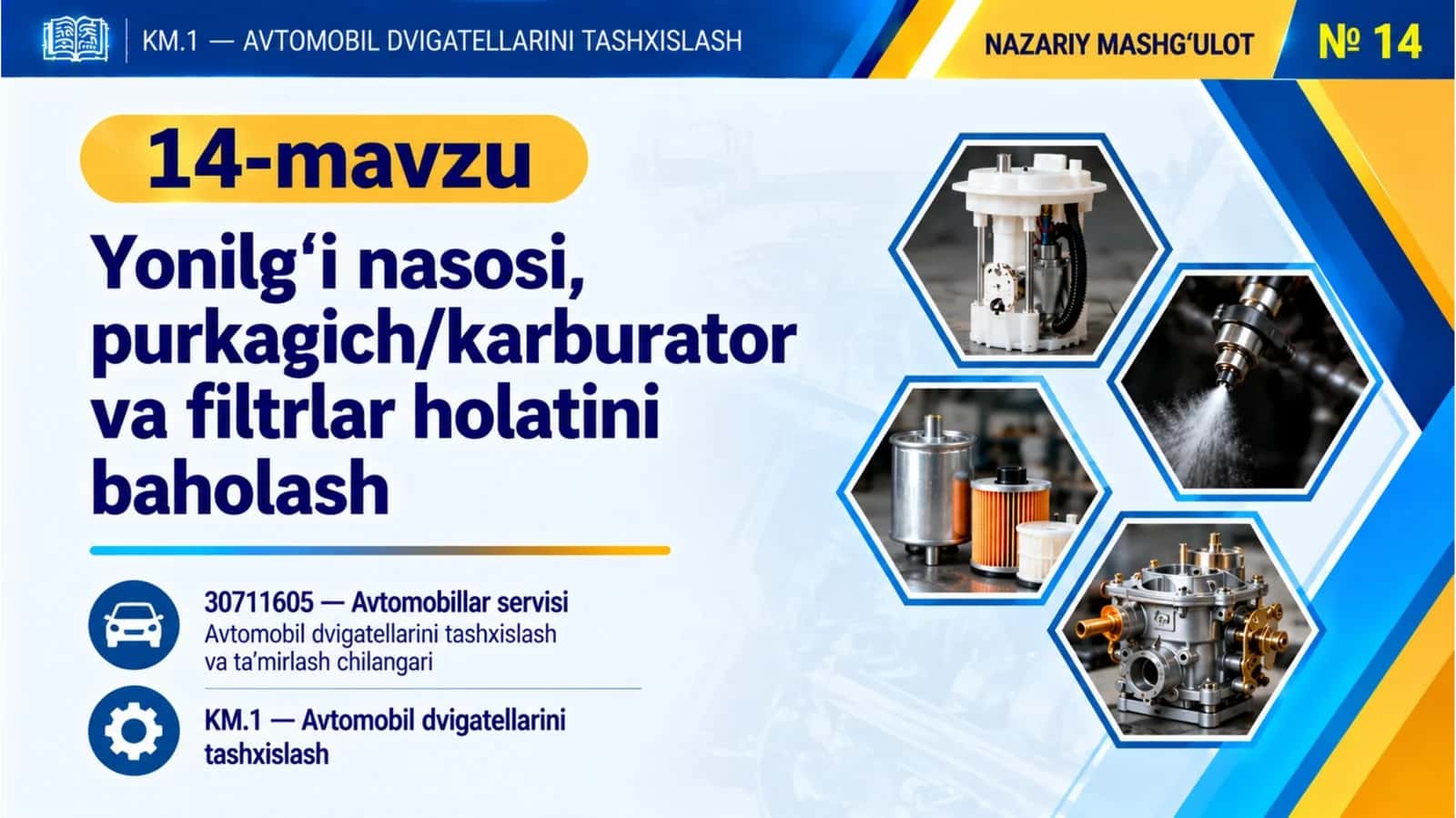 KM1_14-mavzu. Yonilg‘i nasosi, purkagich,karburator va filtrlar holatini baholash