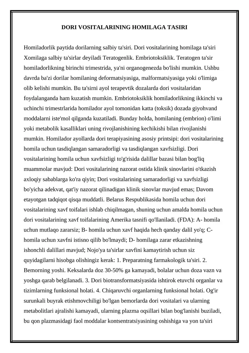 Dori Vositalarining Homilaga Tasiri
