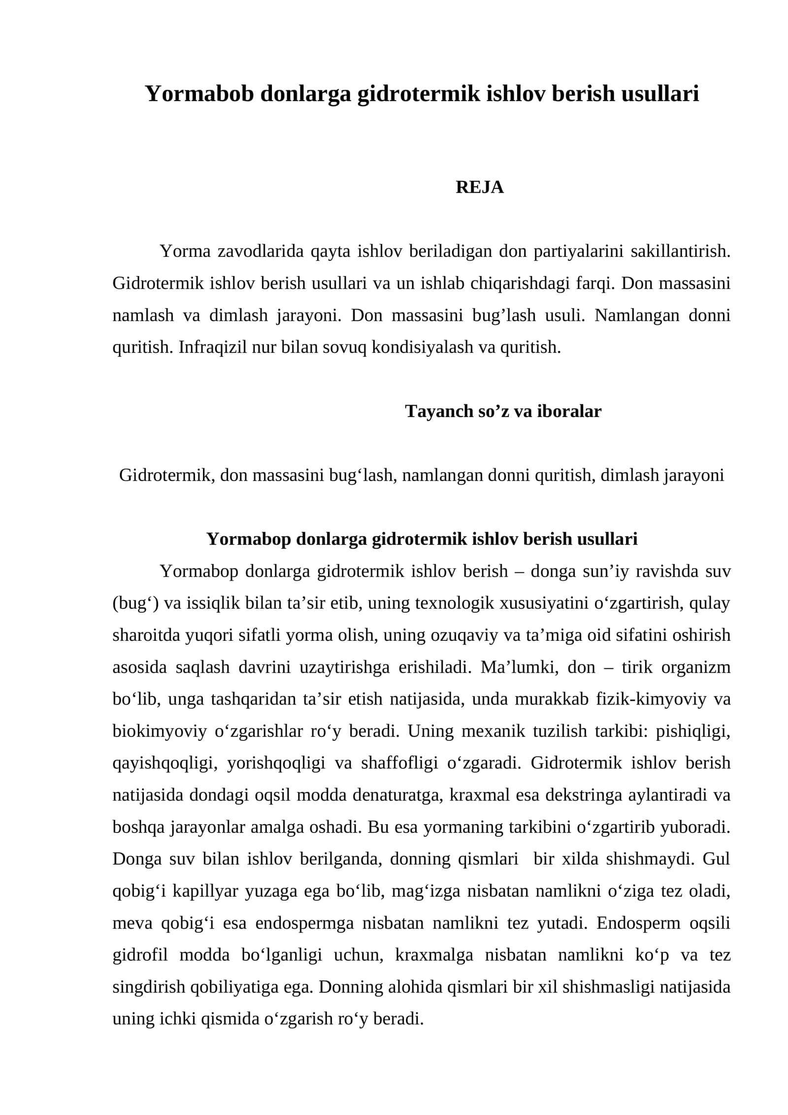 Yormabop donlarga gidrotermik ishlov berish usullari