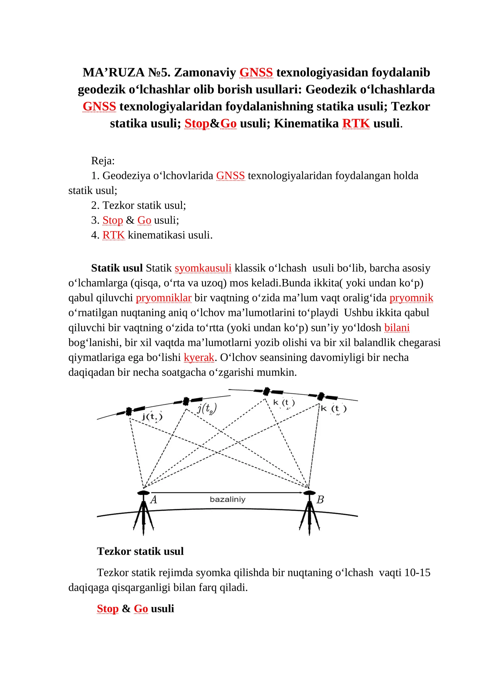 Zamonaviy GNSS texnologiyasidan foydalanib geodezik oʻlchashlar olib borish usullari