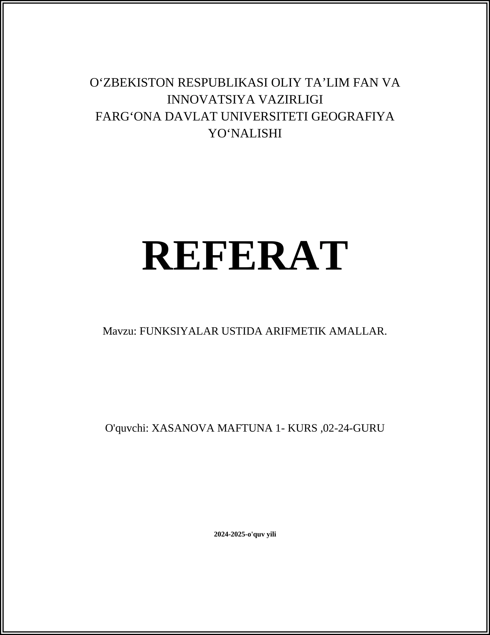 FUNKSIYALAR USTIDA ARIFMETIK AMALLAR