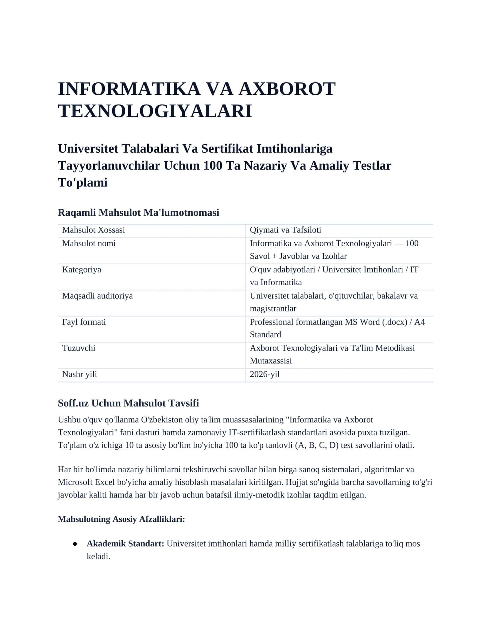 Informatika va Axborot Texnologiyalari — 100 Savol + Javoblar va Izohlar