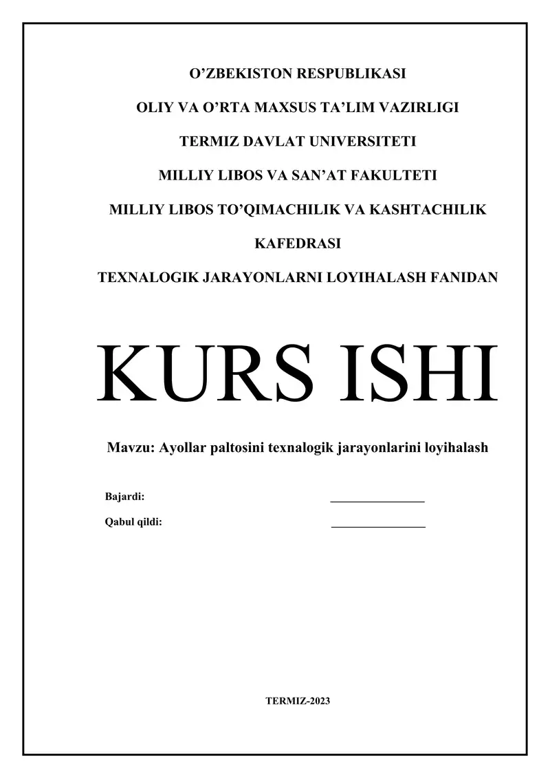 Ayollar paltosini texnalogik jarayonlarini loyihalashs