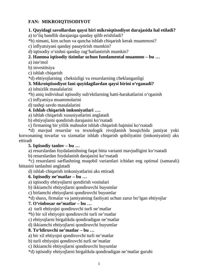 Mikroiqtisodiyot Fan Test Savollari