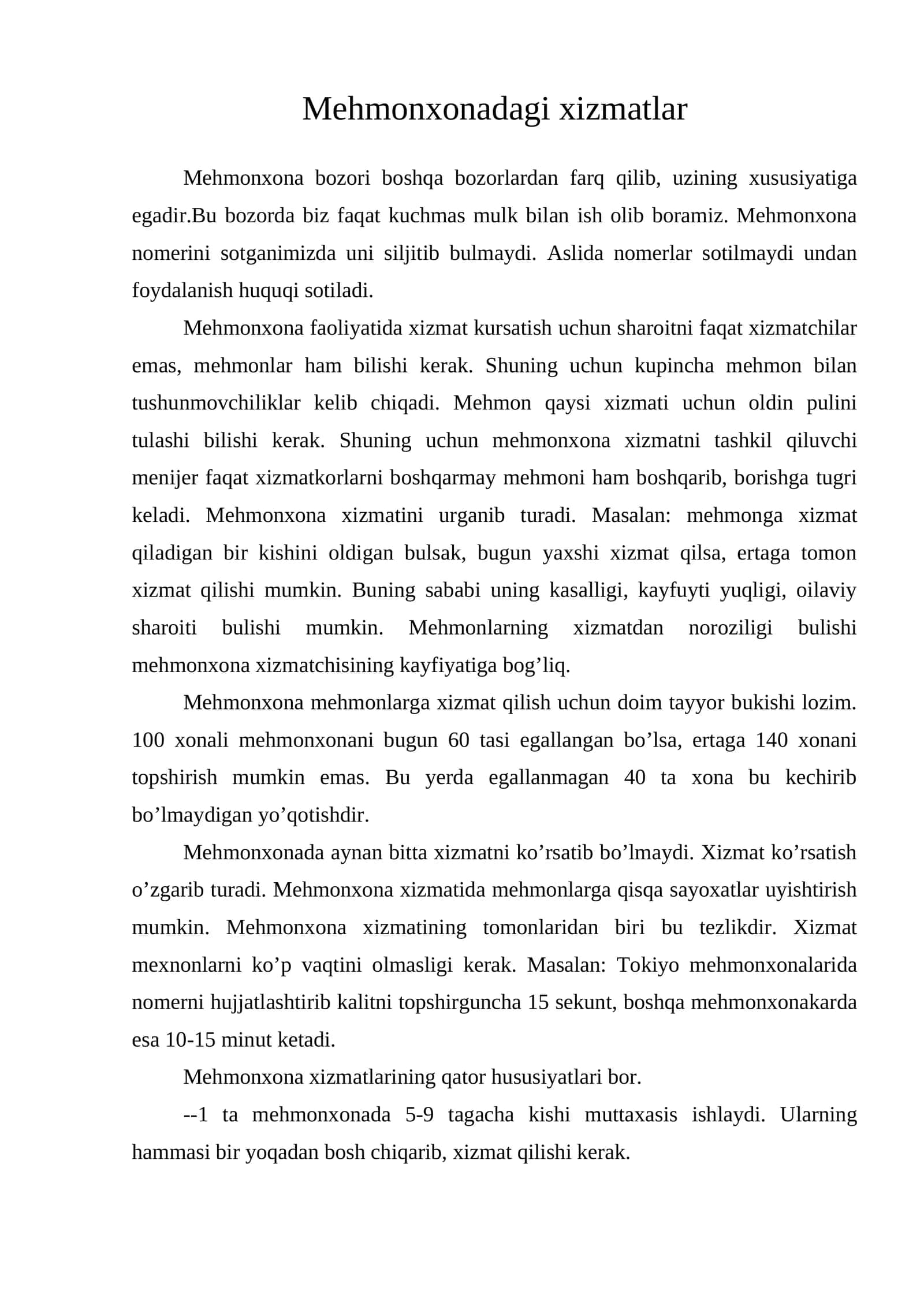 Mehmonxonadagi xizmatlar