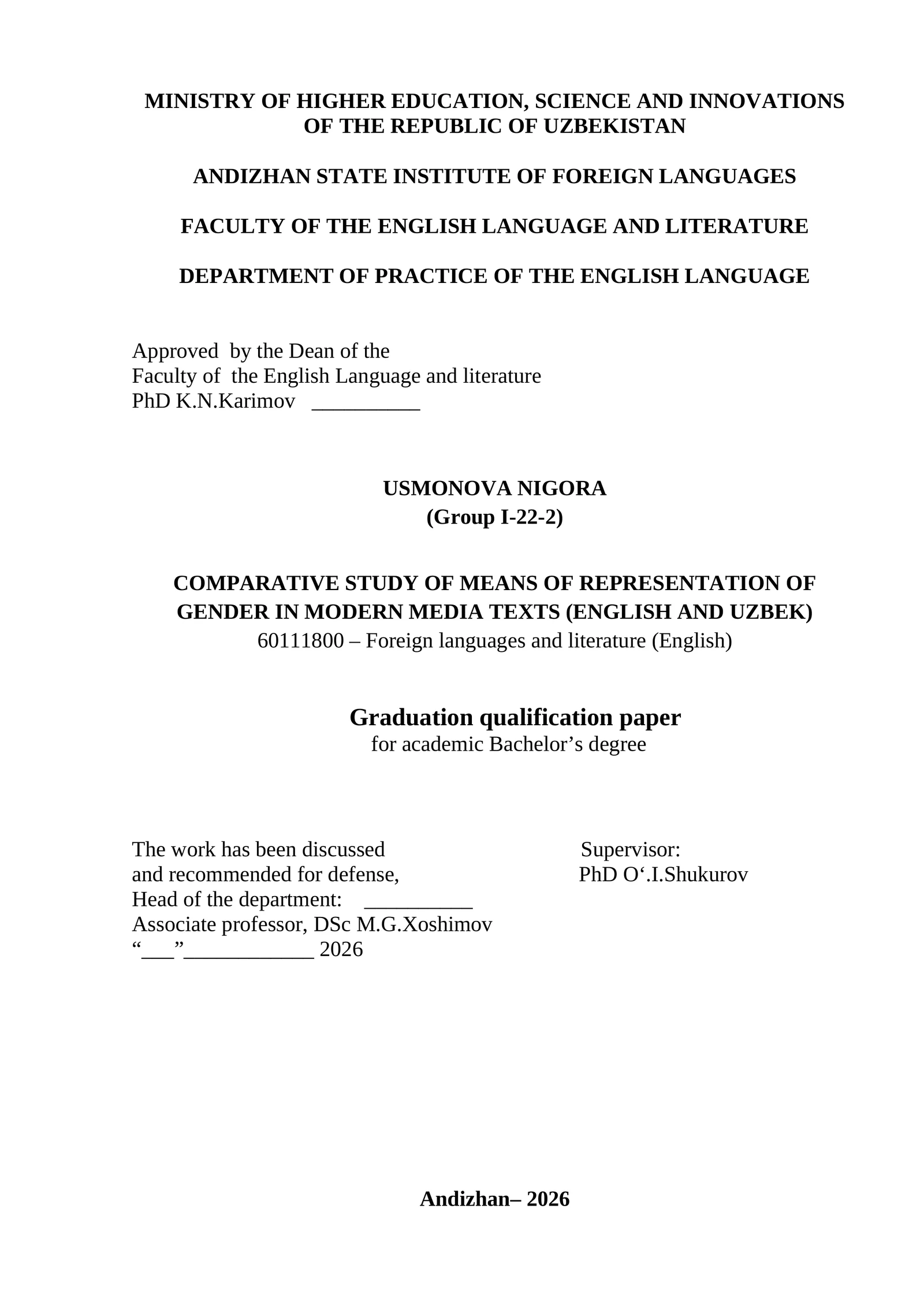 COMPARATIVE STUDY OF MEANS OF REPRESENTATION OF GENDER IN MODERN MEDIA TEXTS (ENGLISH AND UZBEK)