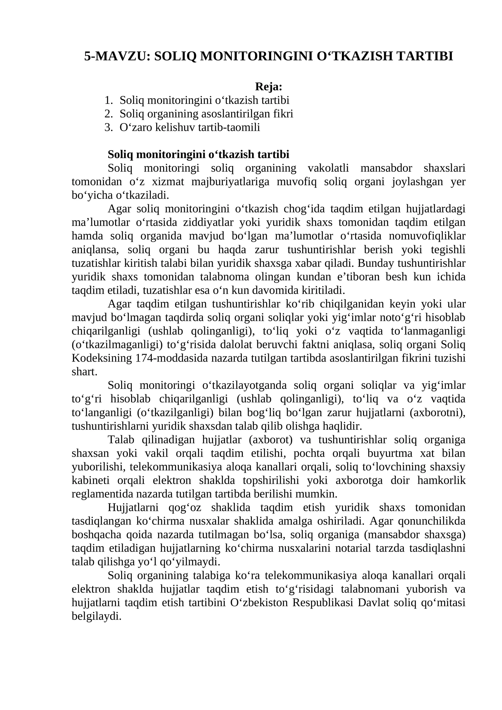 SOLIQ MONITORINGINI O‘TKAZISH TARTIBI