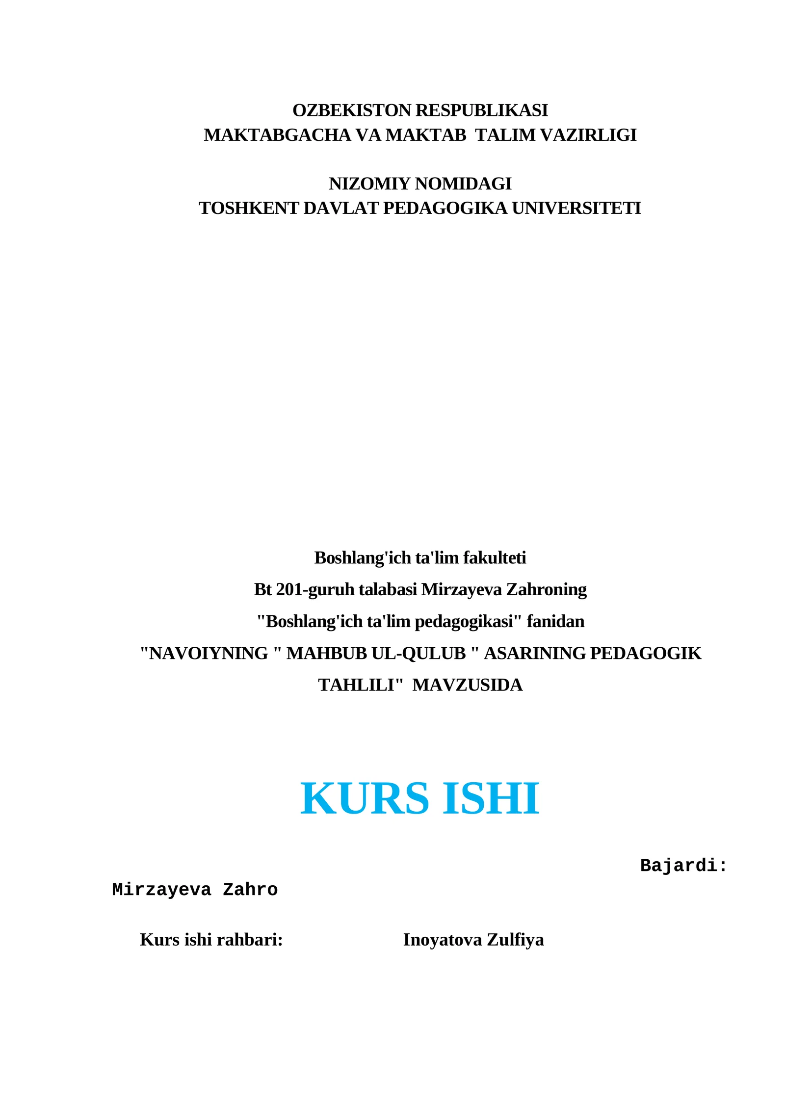 "MAHBUB UL-QULUB" ASARINING PEDAGOGIK TAHLILI