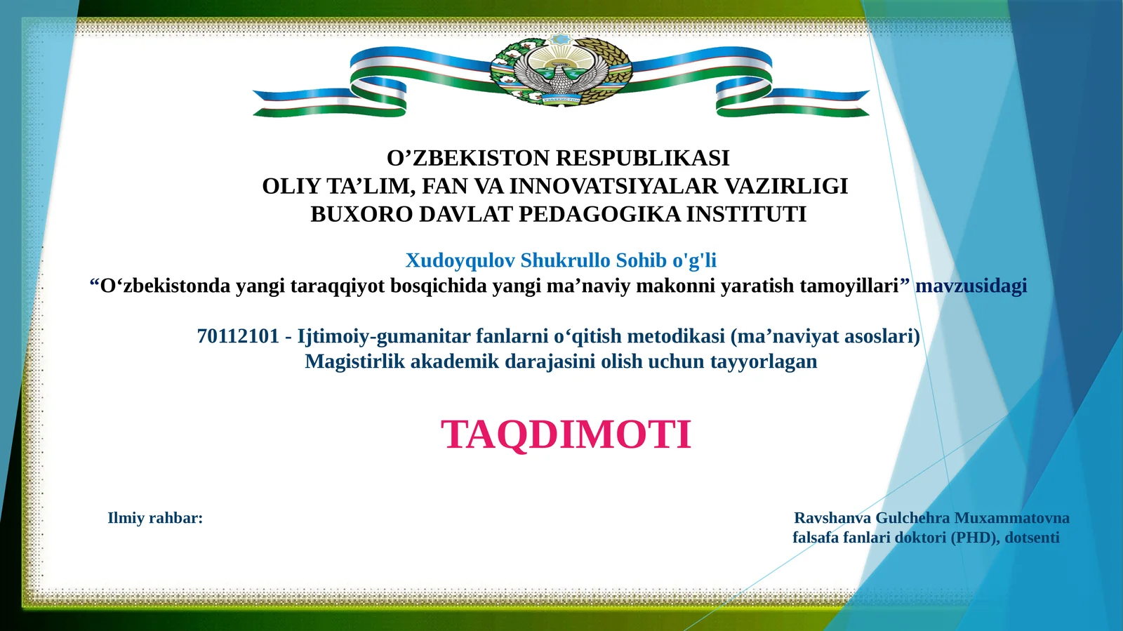 O‘zbеkistonda yangi taraqqiyot bosqichida yangi ma’naviy makonni yaratish tamoyillari