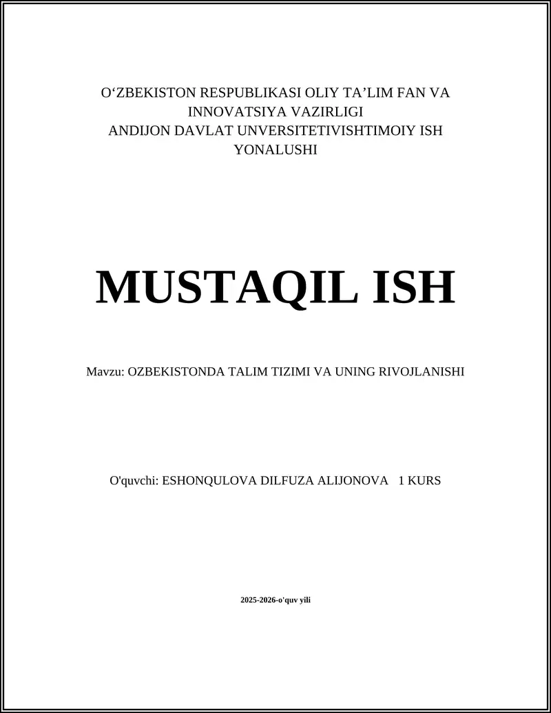O'ZBEKISTONDA TALIM TIZIMI VA UNING RIVOJLANISHI