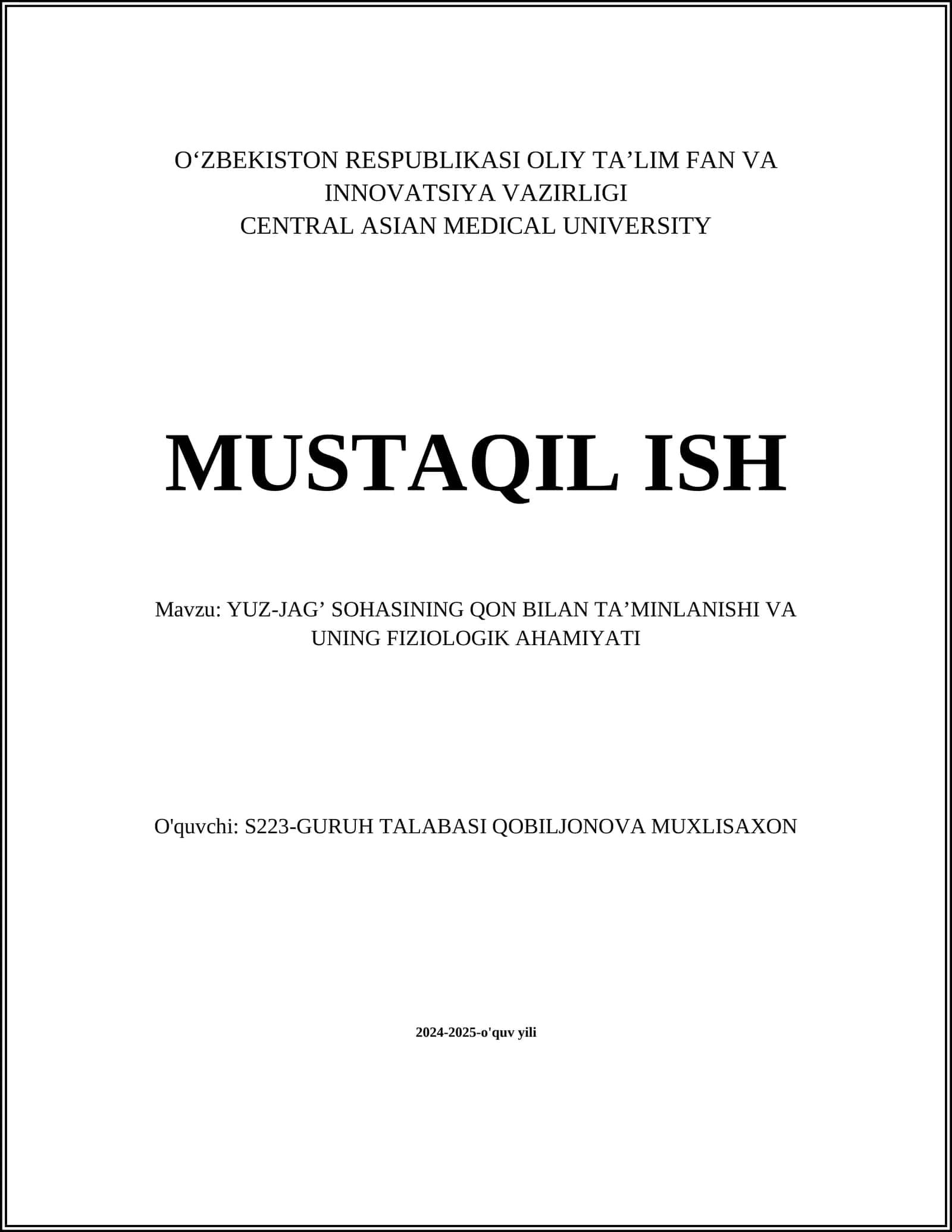 YUZ-JAG’ SOHASINING QON BILAN TA’MINLANISHI VA UNING FIZIOLOGIK AHAMIYATI
