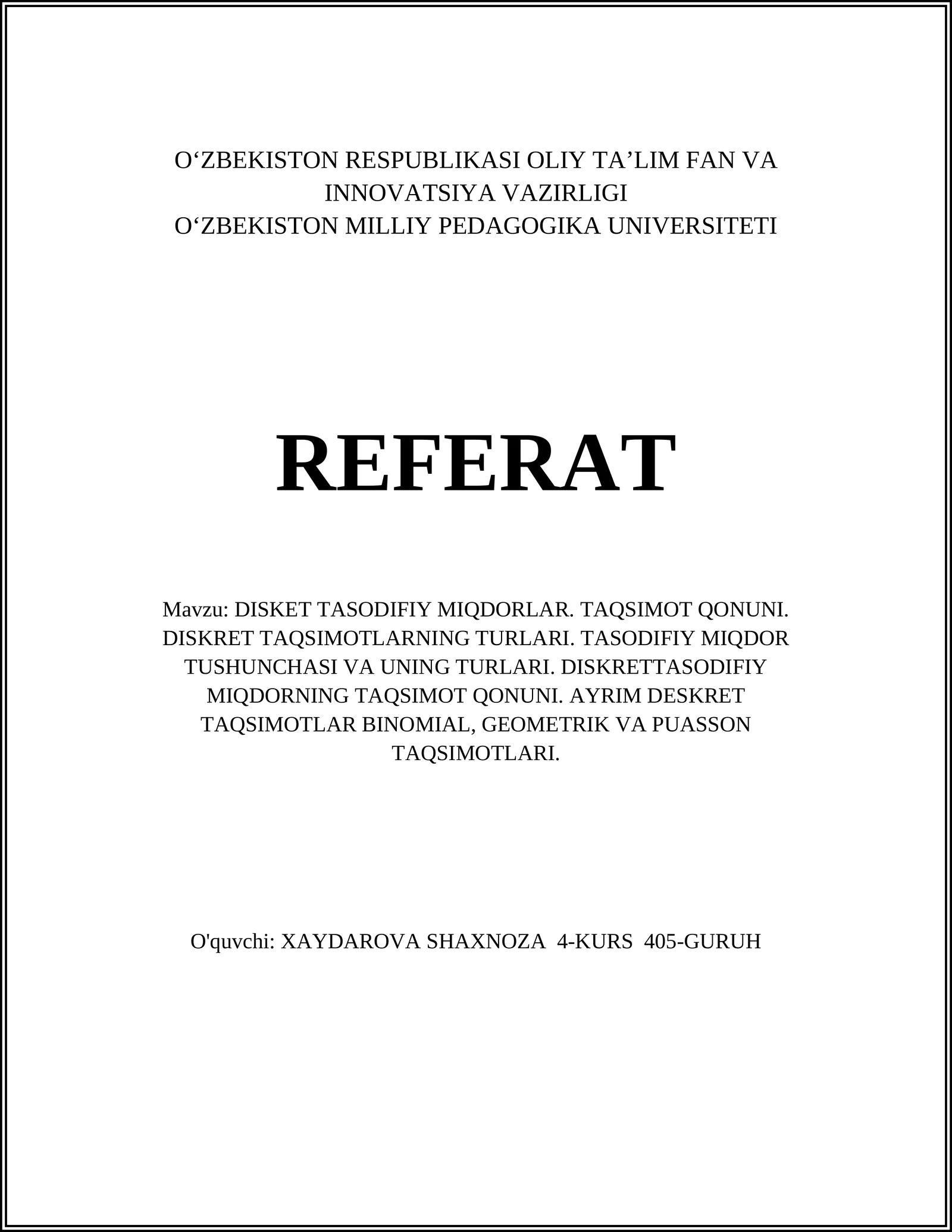 DISKRET TASODIFIY MIQDORLAR