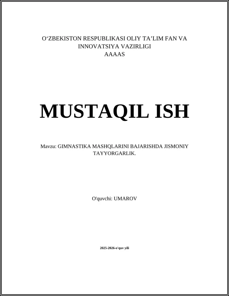 GIMNASTIKA MASHQLARINI BAJARISHDA JISMONIY TAYYORGARLIK