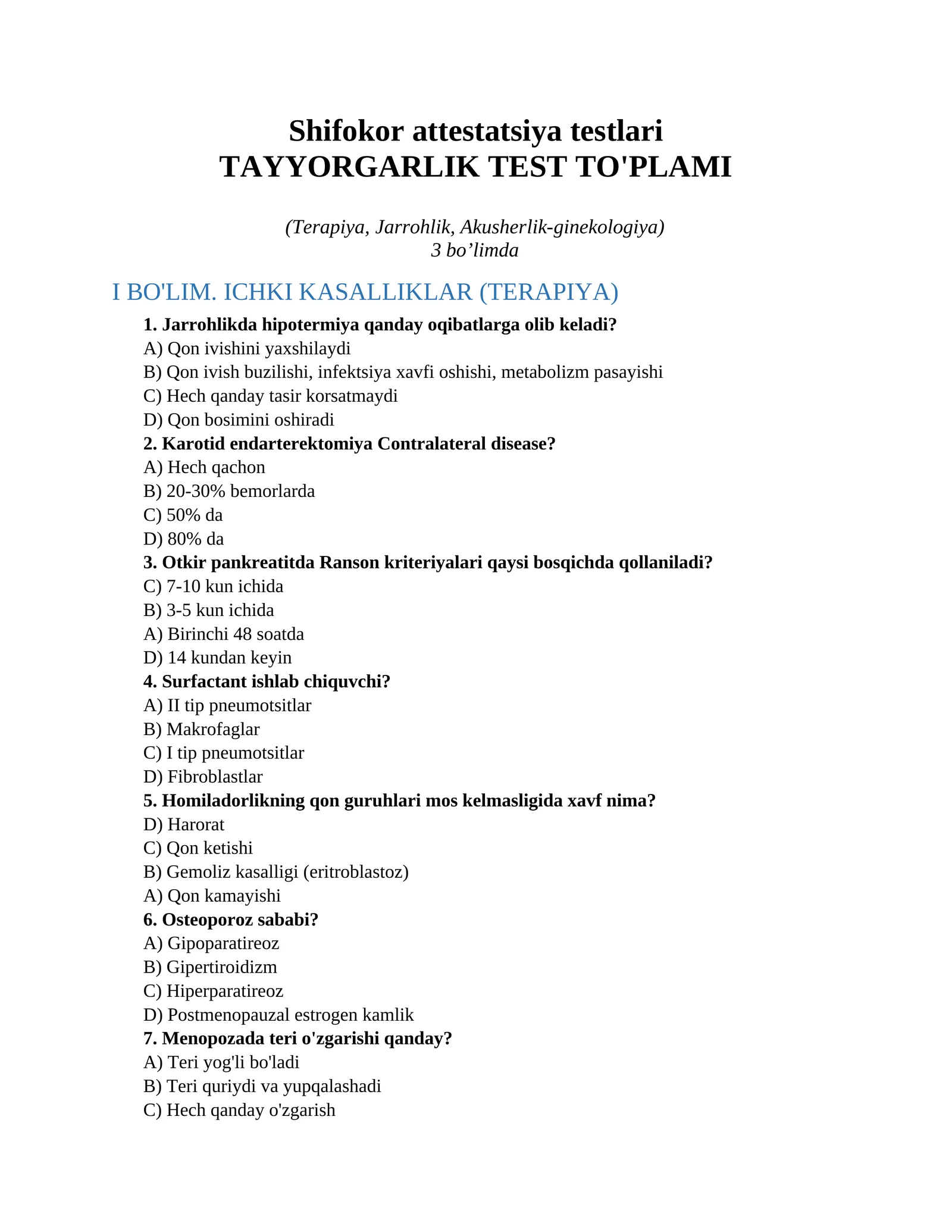 Shifokor attestatsiya testlari