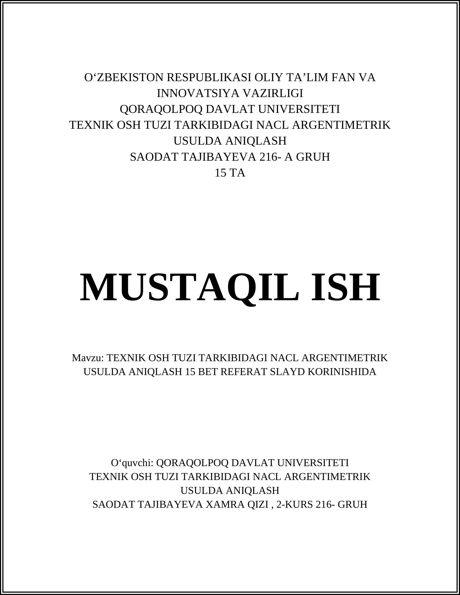 TEXNIK OSH TUZI TARKIBIDAGI NACL ARGENTIMETRIK USULDA ANIQLASH