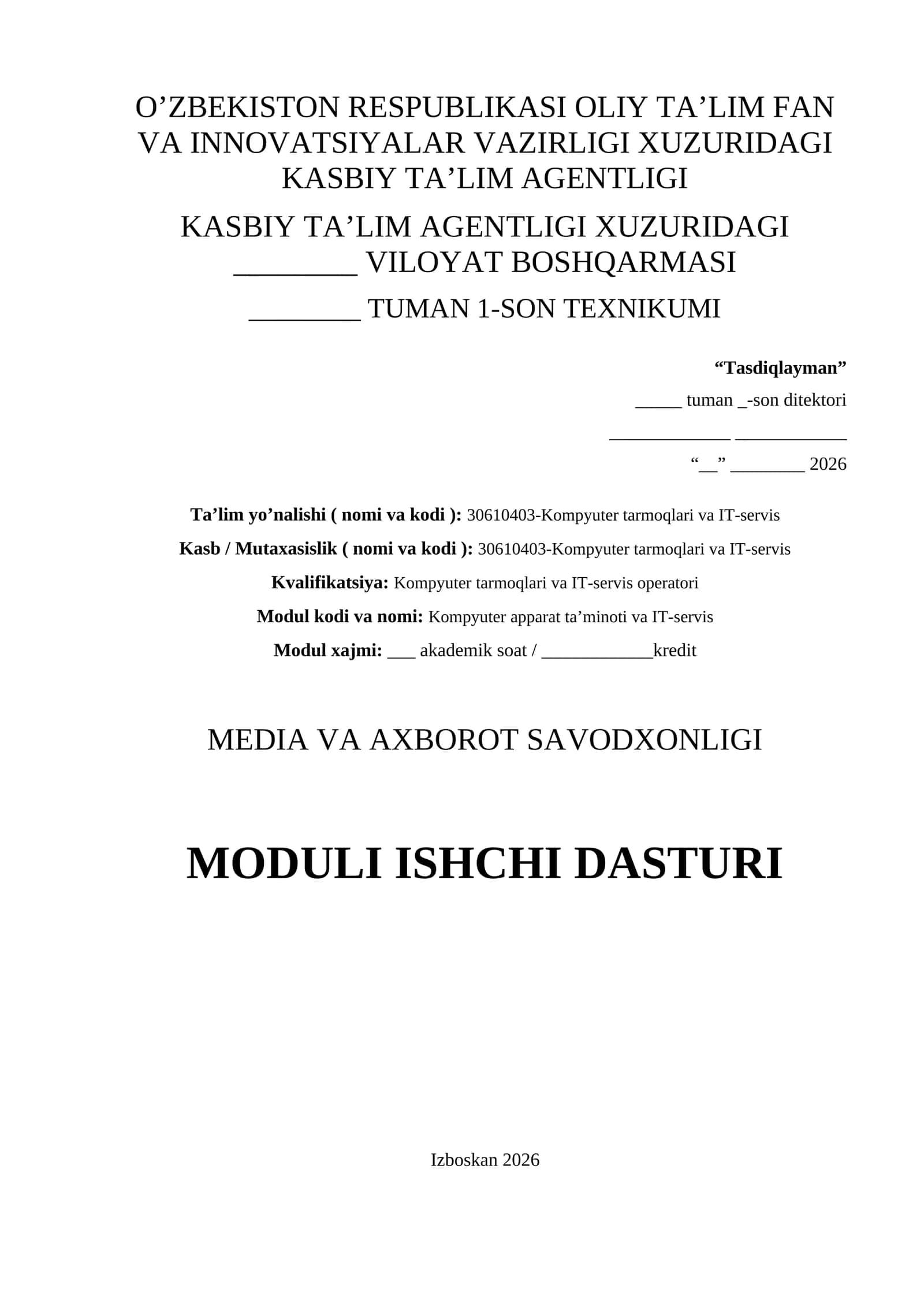 Media savodxonligi fanidan ishchi dastur modul bo'yicha
