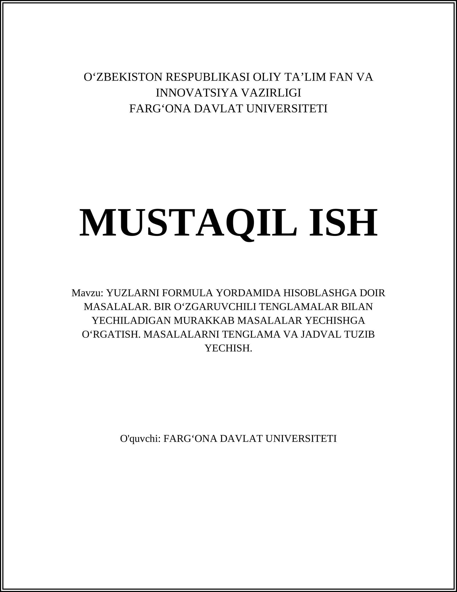 Yuzlarni formula yordamida hisoblashga oid masalalar