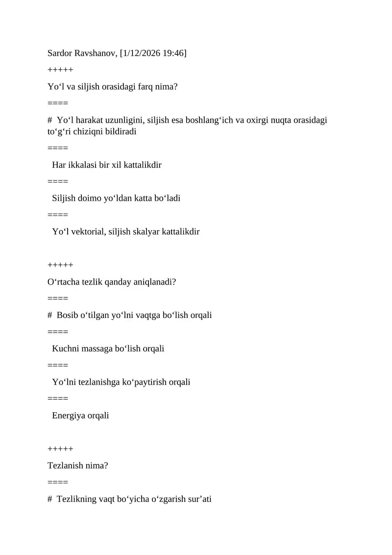 fizika yakuniy test javoblari
