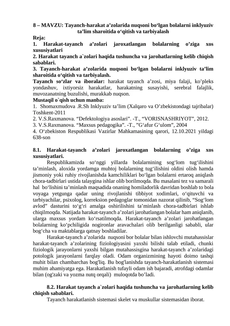 Tayanch-harakat a’zolarida nuqsoni bo‘lgan bolalarni inklyuziv ta’lim sharoitida o‘qitish va tarbiyalash