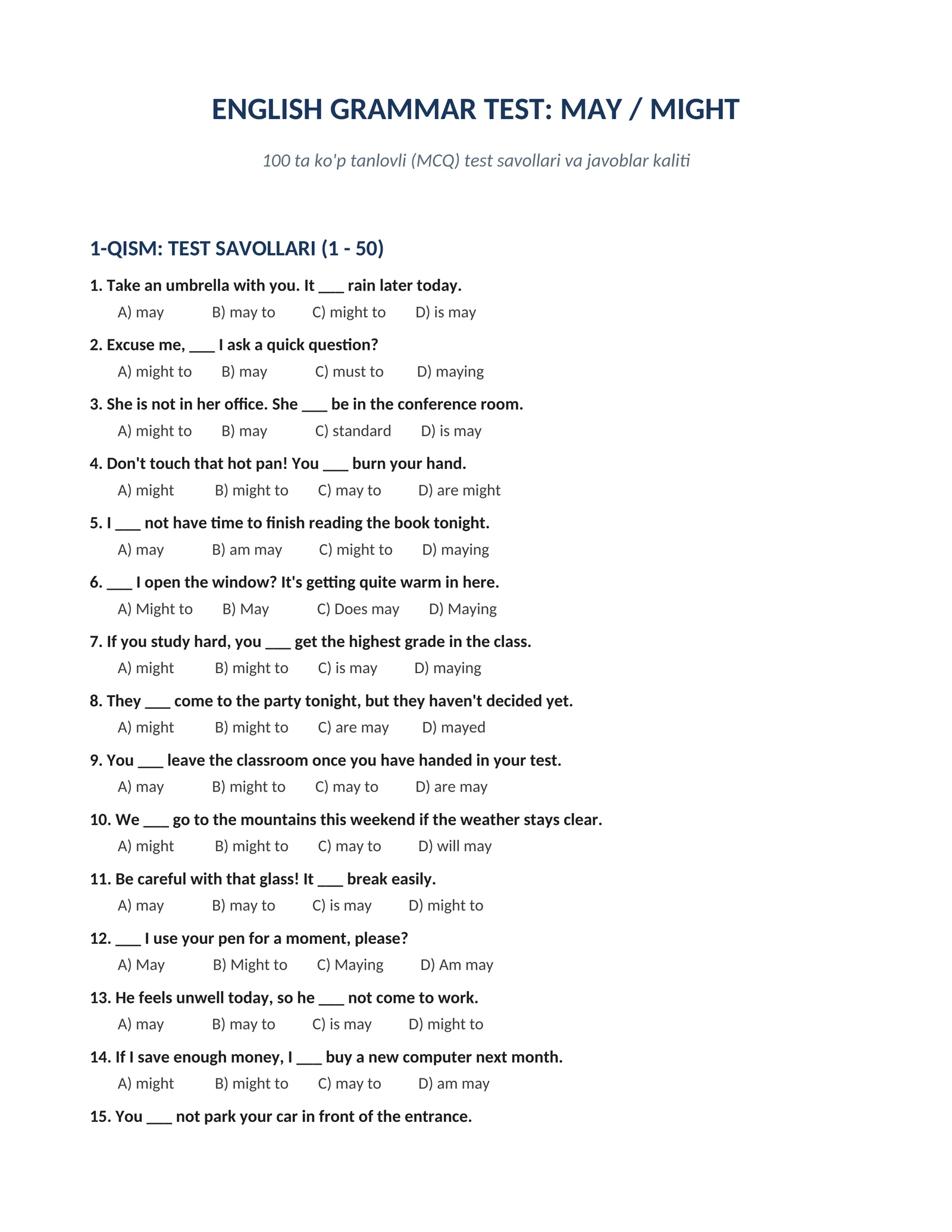 ENGLISH GRAMMAR TEST: MAY / MIGHT 100 ta ko'p tanlovli  test savollari va javoblar kaliti