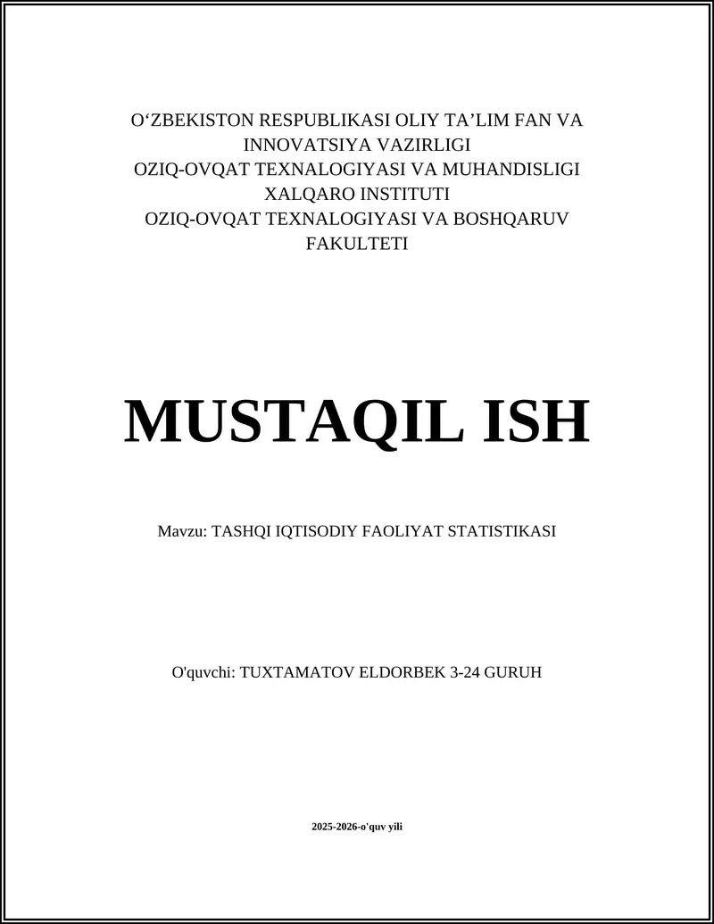 TASHQI IQTISODIY FAOLIYAT STATISTIKASI