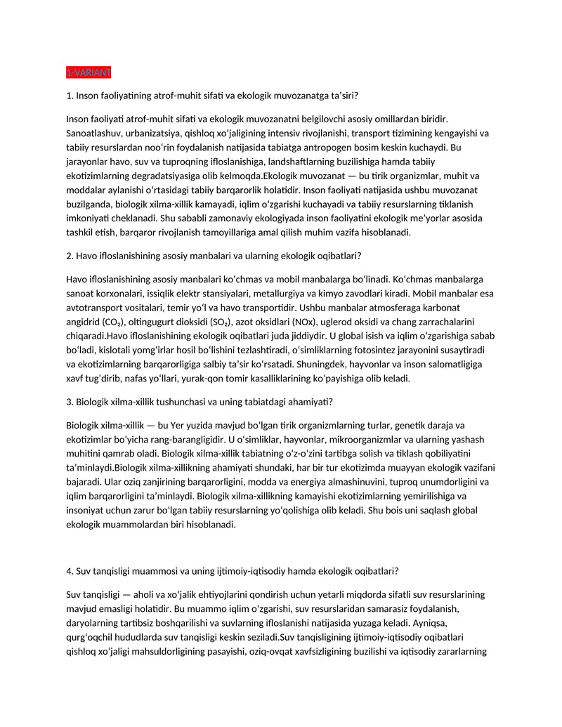 Inson Faoliyatining Atrof-muhit Sifati va Ekologik Muvozanatga Ta'siri