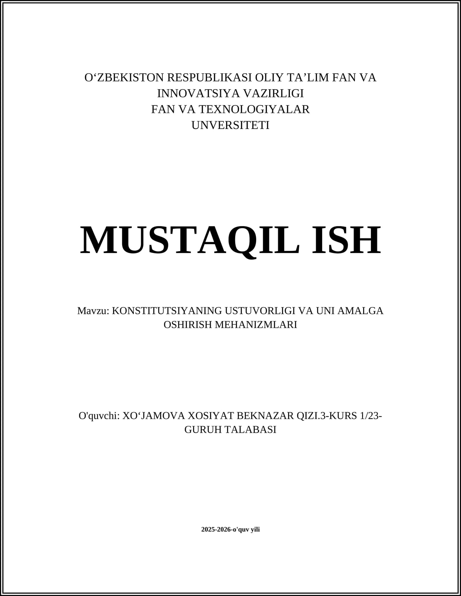 KONSTITUTSIYANING USTUVORLIGI VA UNI AMALGA OSHIRISH MEHANIZMLARI