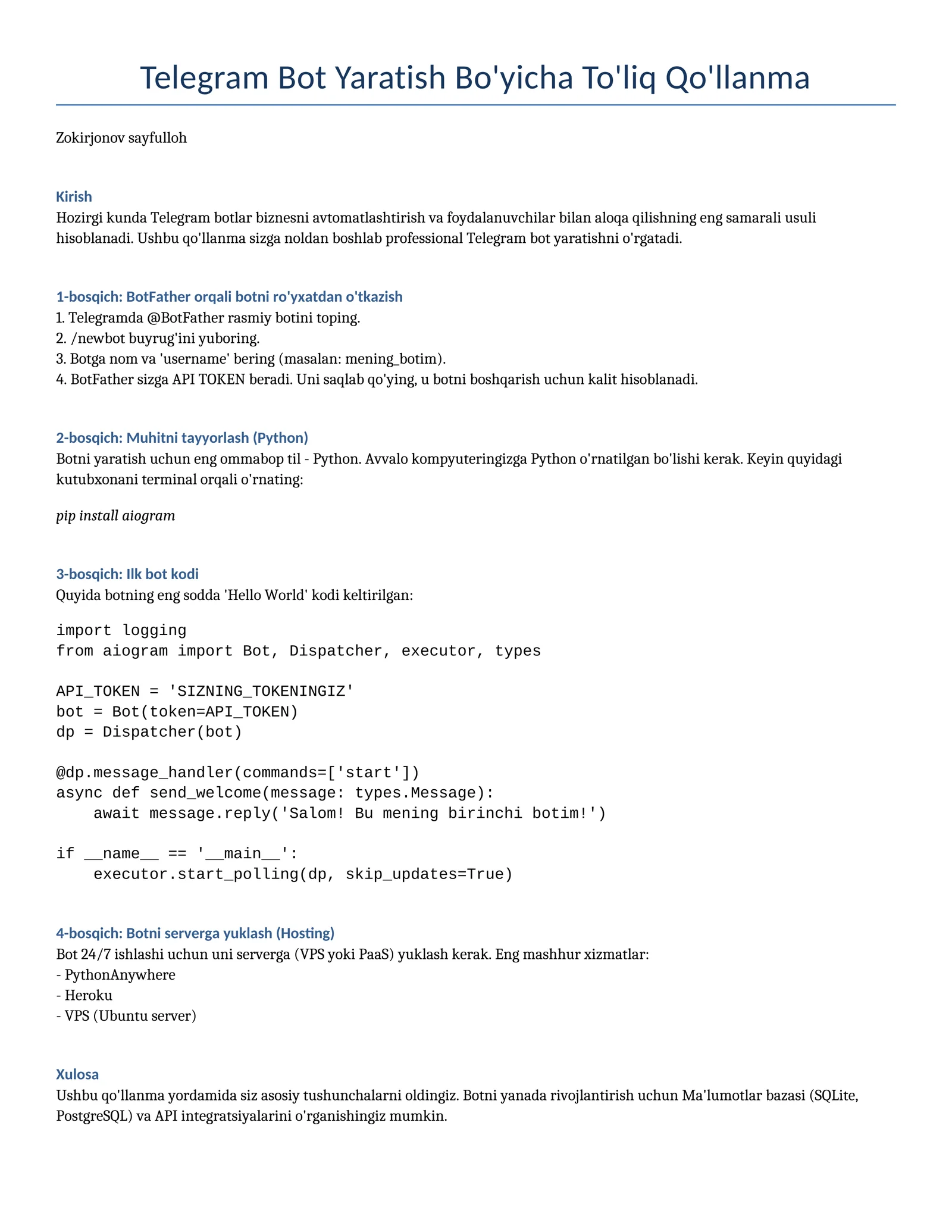 Telegram Bot yaratish: Noldan professional darajagacha (To'liq qo'llanma)
