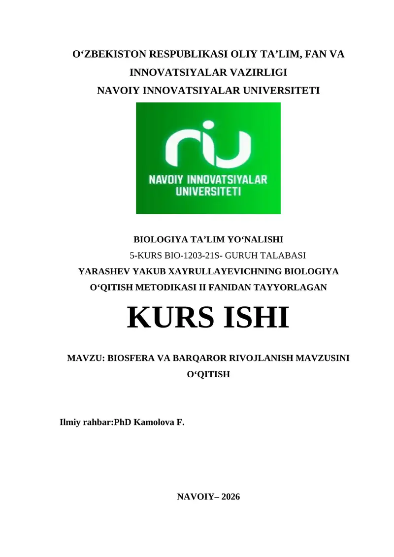 Biosfera va barqaror rivojlanish mavzusini o‘qitish kurs ishi