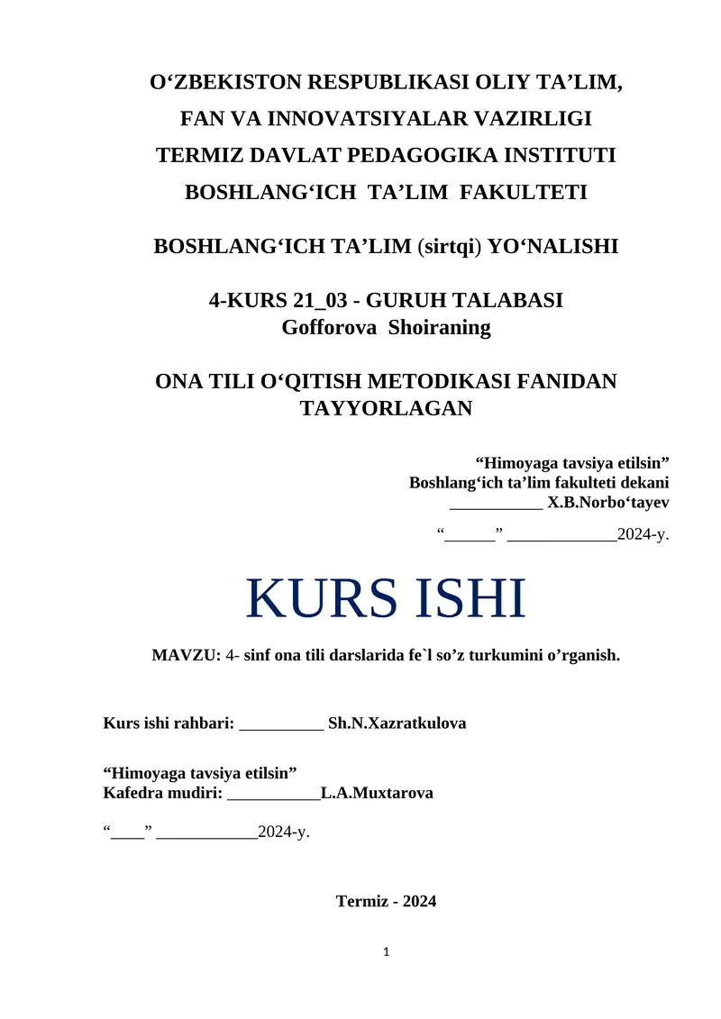 4-sinf ona tili darslarida fe`l so’z turkumini o’rganish